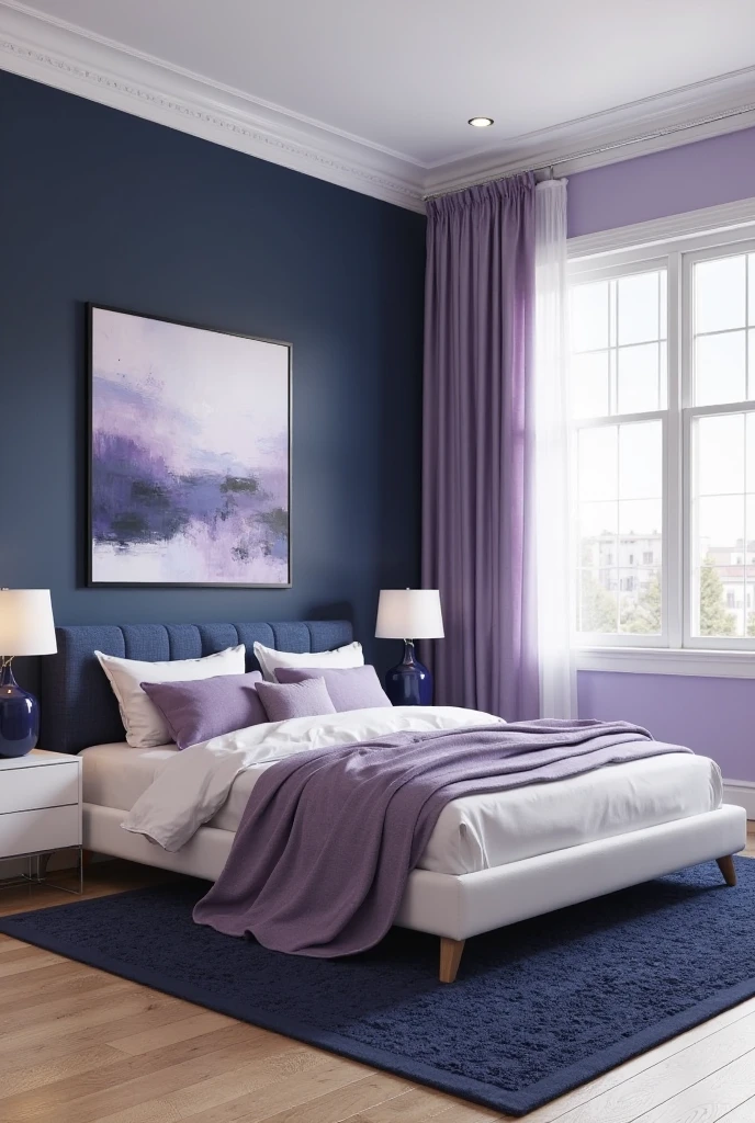 bedroom featuring one navy blue accent wall behind the bed with a matte finish that adds depth and sophistication. The other walls are painted soft lavender, creating a serene and balanced atmosphere. The bed has a modern low-profile frame in white with a navy blue upholstered headboard. Bedding includes crisp white sheets, a lavender duvet cover, and a mix of lavender and navy blue throw pillows arranged neatly. A navy blue textured area rug with subtle geometric patterns lies beneath the bed, partially covering the light oak wood floor. On either side of the bed, sleek white nightstands hold navy blue ceramic table lamps with white linen shades. A large window with white trim is dressed with sheer lavender curtains that diffuse natural light softly across the room. A framed abstract painting featuring shades of navy, lavender, and white hangs on a side wall. The overall space feels elegant, harmonious, and visually striking with a perfect blend of deep navy and gentle lavender tones.