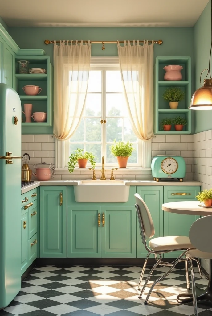 a vintage-style kitchen with a nostalgic yet modern atmosphere. The kitchen features mint green cabinets with smooth matte finishes and elegant brass hardware. The floor is covered in classic black-and-white checkerboard tiles, immaculately clean and slightly glossy. Retro-style appliances in soft mint tones and chrome accents include a rounded refrigerator, a compact oven with analog dials, and a small toaster. White subway tiles with light gray grout line the backsplash, while open shelves display pastel-colored dishes and glass jars. A white farmhouse sink sits beneath a large window framed by light, sheer curtains, allowing warm sunlight to pour into the room. Add a few potted herbs on the windowsill, and a small round table with chrome legs and white vinyl chairs in the corner, completing the 1950s diner-inspired design with a contemporary finish.
