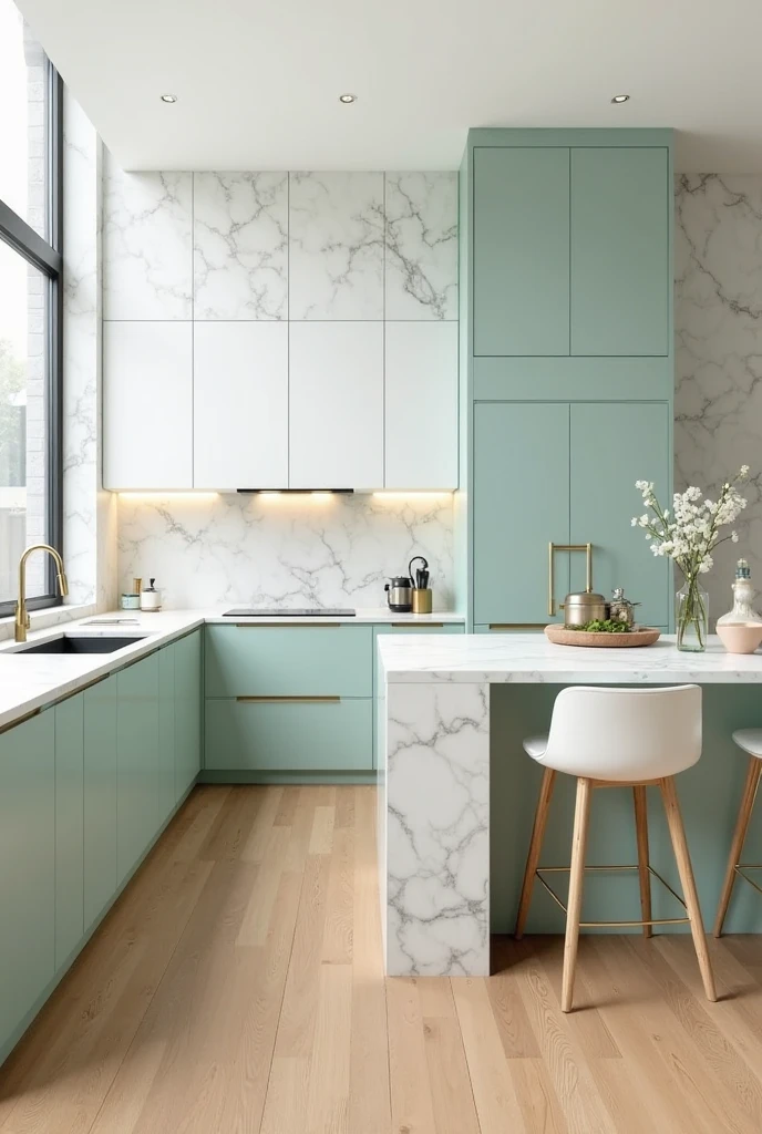 a bright, modern kitchen with a serene and sophisticated feel. The kitchen features matte mint green lower cabinets with slim brushed gold handles, giving a subtle pop of color and elegance. The upper cabinets are sleek, handleless, and finished in clean white, blending seamlessly into the wall for a minimalist effect. The countertops are crafted from luxurious white marble with gentle gray veining, extending up the wall as a full marble backsplash. In the center of the kitchen stands a large waterfall island made entirely of matching marble, with sharp, precise edges and a highly polished surface. Three modern bar stools with light wood legs and white upholstered seats are neatly aligned on one side of the island. The floor is a soft, warm oak wood, adding a natural touch that balances the cool tones. A tall, steel-framed window spans one wall, flooding the space with natural light and enhancing the clarity and texture of the mint, white, and marble finishes.