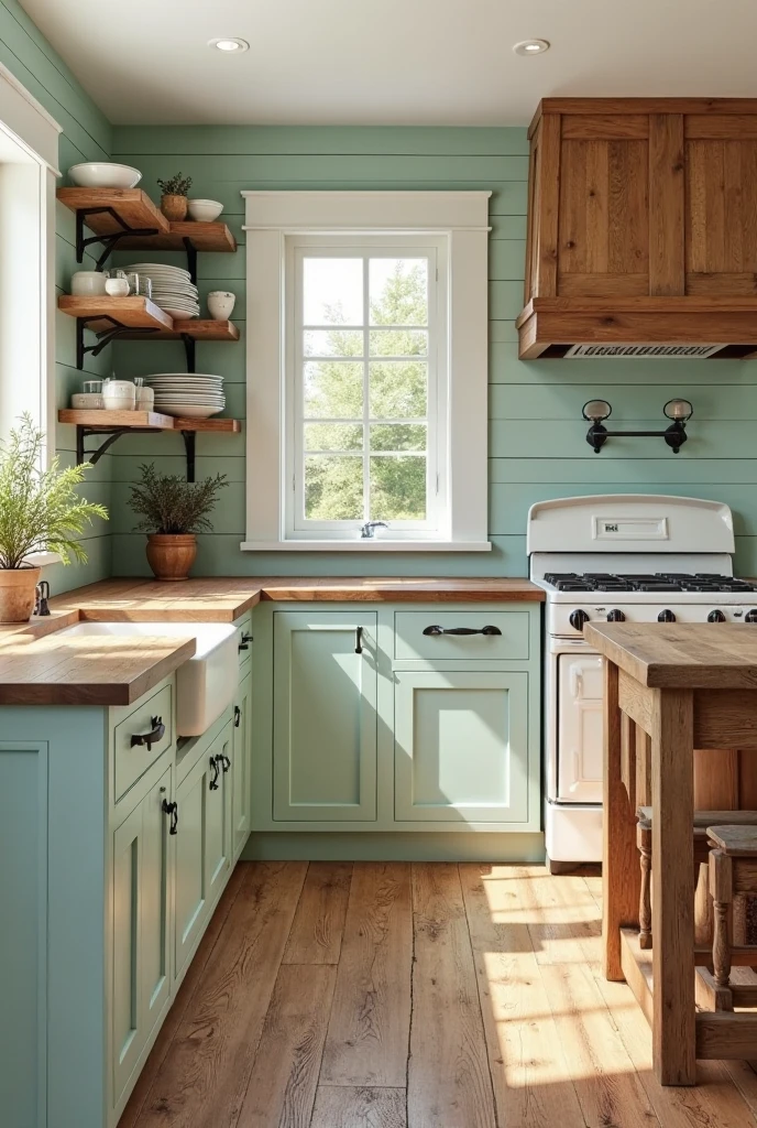 charming farmhouse kitchen with a fresh mint green and natural wood palette, arranged in a slightly unconventional L-shaped layout. One wall is entirely covered in horizontal mint green shiplap, creating a soft, textured backdrop. Along this wall, a long stretch of countertop made from rich butcher block spans beneath a row of open wooden shelves. The shelves are supported by black wrought iron brackets and display vintage ceramic bowls, glass jars with dried herbs, and stacks of white enamel plates. Beneath the counter, white shaker-style base cabinets with dark bronze cup pulls provide storage, while a white apron-front farmhouse sink is centered under a double casement window that frames a view of a garden.

The shorter leg of the L-shaped kitchen houses a freestanding vintage-style stove in matte cream, surrounded by more butcher block workspace and mint shiplap continuing behind it as a full backsplash. Above the stove, a custom wooden range hood with carved details matches the open shelving. A compact kitchen island, made from weathered wood with visible grain and cracks, stands in the center of the space, offering extra prep area and a small overhang with two simple wooden stools tucked beneath it.

The floor is wide-plank oak with a lightly distressed finish. Light streams in from side windows, and the overall feel is warm, functional, and full of rustic charm with a subtle mint green freshness woven throughout the space.