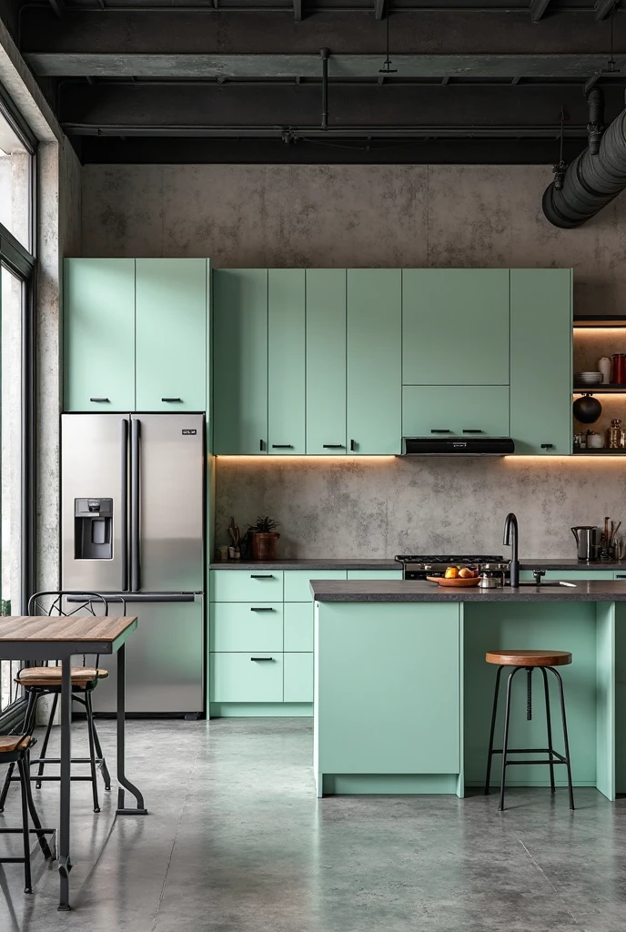  stylish industrial kitchen that blends soft mint green with raw, edgy materials. The kitchen features flat-panel mint green cabinets with a smooth, satin finish and matte black handles and drawer pulls, creating a striking contrast. The countertops are dark gray quartz with clean, straight edges, complementing the industrial aesthetic. A large island in the same mint green finish anchors the center of the space, with additional matte black hardware and a built-in stainless steel sink and matching matte black gooseneck faucet.

Stainless steel appliances, including a double-door refrigerator, built-in oven, and industrial-style range hood, are seamlessly integrated into the cabinetry. The backsplash is made of vertical concrete-look tiles in a soft gray tone, adding subtle texture. The flooring is polished concrete with a slightly mottled finish in cool gray shades, reflecting light and enhancing the sleek, modern vibe.

Exposed black metal beams run across the ceiling, and a black steel-framed window on one wall brings in natural light, highlighting the mint cabinetry and raw materials. A few industrial elements like a metal barstool with a wooden seat, open shelving with black steel brackets, and visible ductwork complete the look. The overall atmosphere is bold, refined, and unexpectedly fresh with the cool mint green as the focal point.