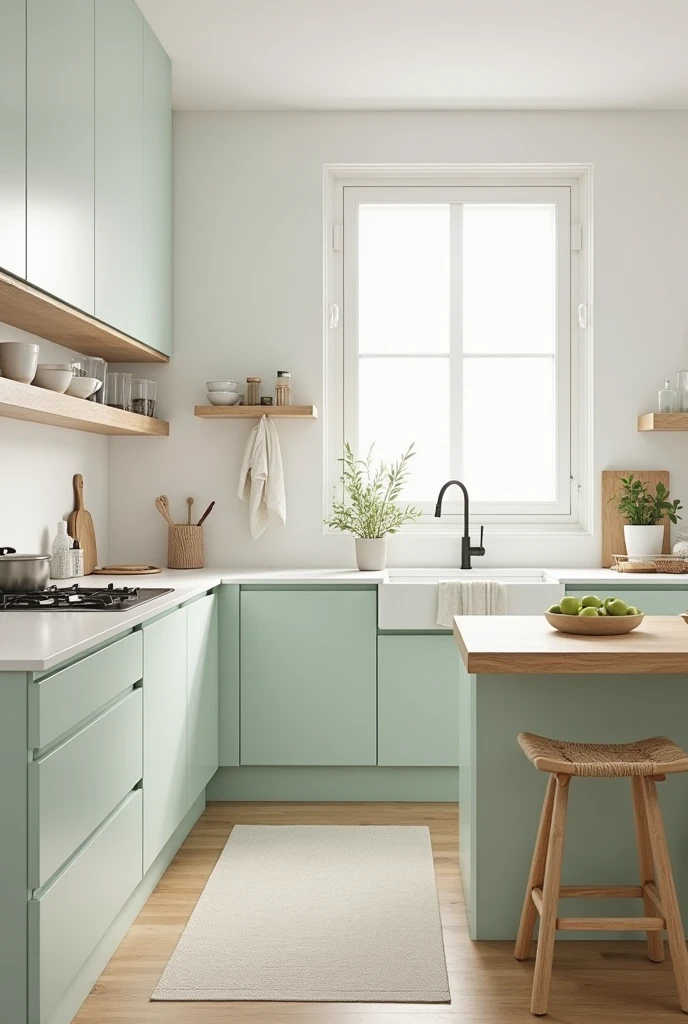 a bright and airy kitchen inspired by Scandinavian design, featuring a soothing palette of pale mint green and natural blond wood. The base cabinets are smooth and handleless, painted in a delicate mint shade with a matte finish. Above, the walls are painted pure white, creating a crisp backdrop that enhances the sense of spaciousness. A simple floating shelf made from light blond wood runs along one side of the kitchen, holding neatly arranged minimalist white ceramics, clear glass containers, and a small green plant in a neutral-colored pot.

The countertops are clean white solid surface with soft, rounded edges, seamlessly extending into a low backsplash that maintains the kitchen’s sleek, uncluttered look. A rectangular undermount sink sits beneath a large window framed with pale wood trim, allowing soft daylight to illuminate the space. In the center, a streamlined island features a pale mint green base topped with a natural wood butcher block surface, accompanied by two minimalist stools crafted from matching blond wood with woven seats.

The floor consists of wide, light oak planks finished with a subtle matte texture, contributing warmth and natural character. Decorative elements are minimal: a linen towel draped over a wooden peg, a simple bowl of green apples on the island, and a neutral-toned runner along the floor. The overall atmosphere is calm, functional, and inviting, with pale mint green accents that softly enhance the kitchen’s clean and understated Scandinavian style.