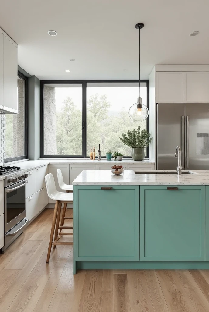 contemporary kitchen featuring a bold mint green island as the central statement piece. The island is large and rectangular with smooth matte mint green cabinetry and sharp clean edges, topped with a white quartz countertop that has subtle gray veining. The island includes integrated storage drawers with minimalist silver handles and a built-in stainless steel sink with a sleek chrome faucet. Surrounding the island, the kitchen cabinetry is minimalist and handleless, finished in soft matte white, creating a neutral backdrop that emphasizes the vibrant island. The countertops on the perimeter are light gray concrete with a smooth surface and low backsplash.

The floor is light ash hardwood with a natural matte finish, complementing the neutral color scheme. Stainless steel appliances, including a built-in oven and a wide refrigerator, blend seamlessly into the white cabinetry. The backsplash consists of large, smooth white ceramic tiles with thin grout lines, maintaining a clean and understated look. Large windows with thin black metal frames let in abundant natural light, illuminating the space and highlighting the mint green island’s vivid color. A pair of simple white bar stools with wooden legs sit neatly at one side of the island. The overall atmosphere is balanced and modern, with the mint green island providing a fresh, eye-catching focal point in an otherwise neutral kitchen.