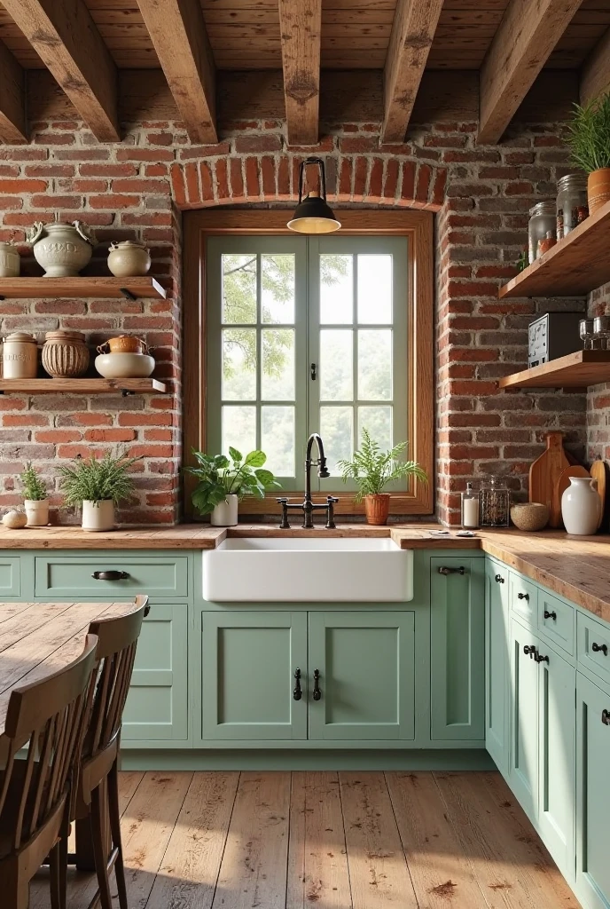 a rustic kitchen combining rough textures with soft mint green cabinetry for a balanced, warm atmosphere. One wall features exposed red brick with weathered, uneven surfaces and subtle variations in color, creating authentic rustic character. Across the ceiling, reclaimed wooden beams with visible grain, knots, and aged patina run horizontally, adding depth and warmth.

The cabinetry is painted in a muted mint green with a matte finish, featuring shaker-style doors and black wrought iron handles that complement the rustic style. The countertops are thick, natural wood slabs with raw edges, showcasing rich wood grain and slight imperfections. Above the counters, open wooden shelves made from reclaimed wood hold vintage pottery, glass jars filled with dry goods, and small potted herbs.

A farmhouse-style apron-front sink in white porcelain sits beneath a window framed in dark wood, with an aged bronze faucet adding an antique touch. The floor is wide plank hardwood with a weathered finish, showing subtle scratches and natural color variation. A large rustic wooden dining table with matching chairs is partially visible, enhancing the cozy feel. Warm, natural light filters through, highlighting the contrast between the soft mint cabinetry and the rugged brick and wood elements, creating a kitchen full of texture, warmth, and inviting charm.
