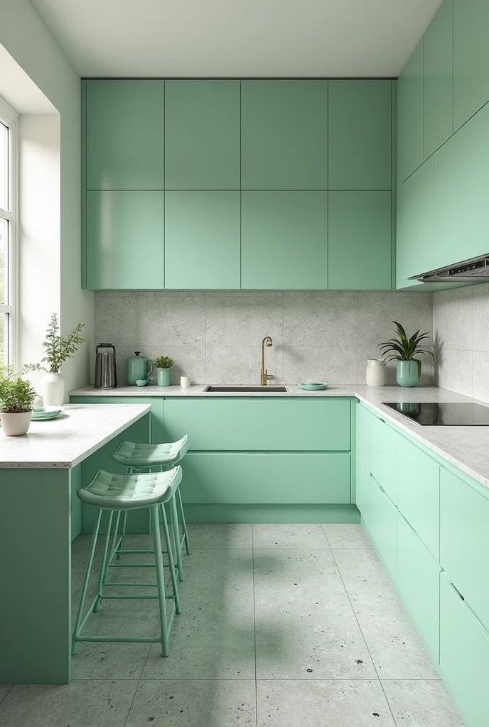 a bold, all-mint monochrome kitchen featuring varying shades of mint green to create depth and cohesion. The walls are painted in a soft, pastel mint with a matte finish, providing a gentle backdrop. The cabinetry is a slightly deeper mint tone with a satin sheen, showcasing flat-panel doors and integrated handles for a seamless, modern look. The backsplash consists of small square tiles in a brighter, glossy mint green, arranged in a clean grid pattern that catches the light and adds subtle texture.

A large kitchen island painted in a rich, vibrant mint hue anchors the center of the room, topped with a smooth quartz countertop in a pale mint shade with faint white marbling. The island includes built-in drawers with minimalistic hardware in matching mint tones. Around the island are bar stools upholstered in soft mint leather with slender metal legs painted to match the cabinetry, combining comfort with style.

The flooring is light gray terrazzo with small mint-colored chips scattered throughout, tying the space together while adding visual interest underfoot. Large windows framed in white fill the room with natural light, highlighting the layered mint palette and emphasizing the sleek, elegant design. Minimal decor includes a few potted succulents in mint ceramic pots and simple white kitchenware, maintaining a fresh, monochromatic ambiance that feels adventurous yet harmonious.