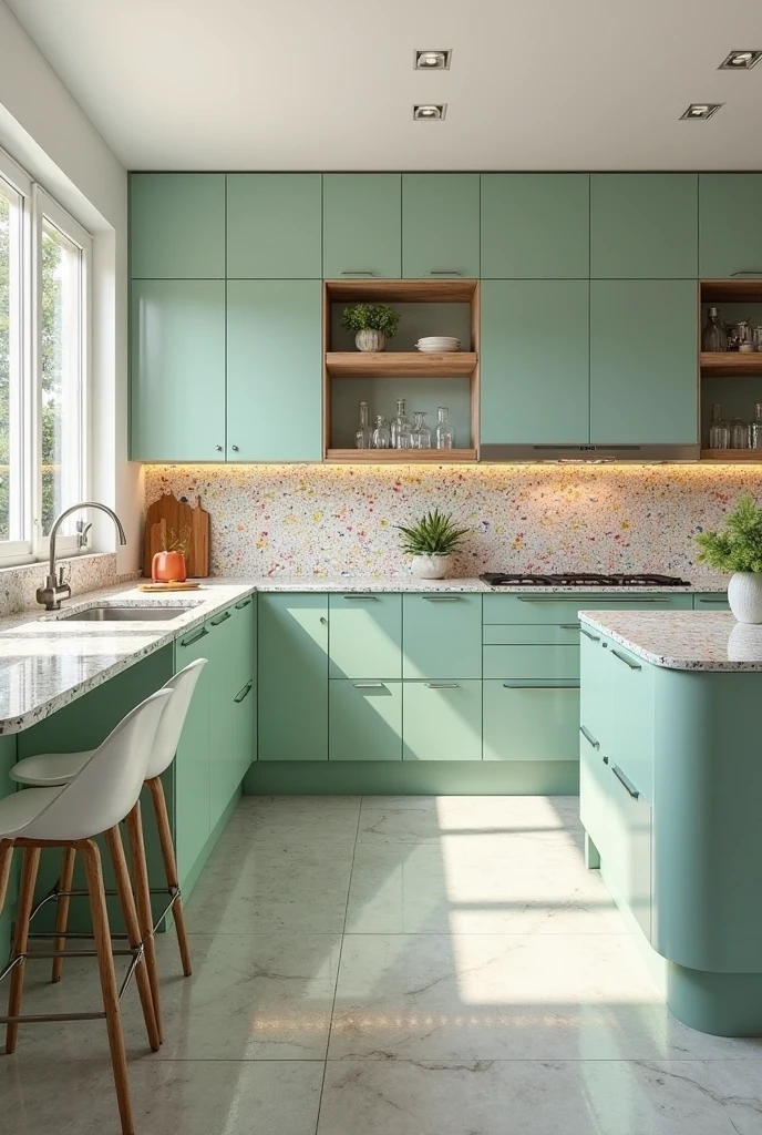 a modern kitchen featuring matte mint green flat-panel cabinets with sleek silver handles arranged in an L-shaped layout. The countertops and matching backsplash are polished terrazzo with a creamy white base embedded with colorful chips in coral, navy, mustard, and forest green, adding vibrant texture. A large mint green island with a terrazzo top stands centrally, accompanied by white molded bar stools with wooden legs. Light gray polished concrete floors enhance the contemporary feel. Open wooden shelves above the counters display glassware and small plants. A stainless steel sink with a brushed nickel high-arc faucet sits beneath a wide window framed in white, flooding the space with natural light. The overall design is fresh, playful, and inviting.