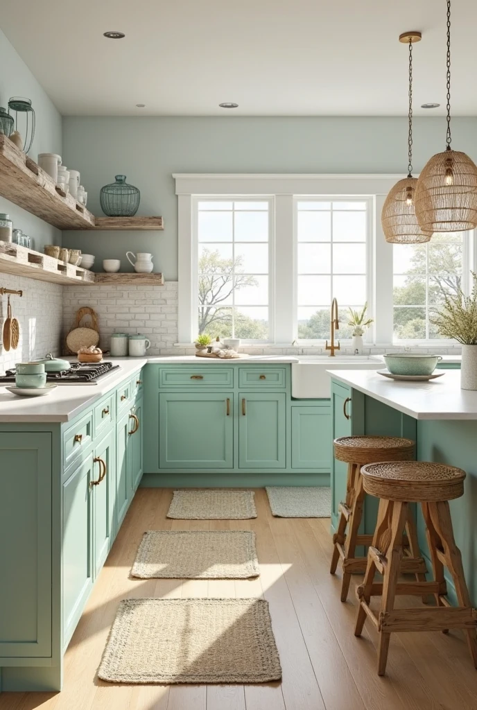 bright coastal-inspired kitchen featuring soft mint green cabinetry with a smooth matte finish and simple shaker-style doors with brushed brass handles. The countertops are crisp white quartz with subtle veining, paired with a white subway tile backsplash laid in a classic brick pattern. A central island with matching mint cabinetry has a white quartz countertop and serves as a casual dining spot.

Around the island are rattan bar stools with woven seats and natural wood legs, adding warm, organic texture. Light jute rugs with natural fibers are placed strategically on wide, light oak plank floors with a matte finish, enhancing the beachy feel. Open driftwood shelves with a weathered gray patina are mounted on one wall, displaying white ceramic dishes, glass jars, and seashell decor.

Soft accents in pale blue and sandy beige appear in cushions, ceramics, and small decor pieces, complementing the mint cabinetry. Large windows framed in white trim fill the space with natural light, emphasizing the airy, fresh atmosphere. The overall design blends cool coastal hues with natural textures, creating a serene, inviting kitchen full of relaxed elegance.