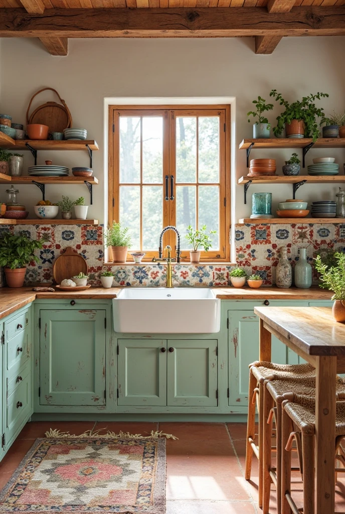 a boho-chic kitchen featuring soft mint green lower cabinets with a matte finish and simple brass knobs. The countertops are made of warm natural wood with visible grain, adding an organic, handcrafted touch. The backsplash behind the counter showcases a mix of patterned ceramic tiles in terracotta, navy, white, and mint, arranged in a patchwork of geometric and floral designs that create a lively, eclectic focal wall.

Instead of upper cabinets, open wooden shelves made from reclaimed wood with raw, uneven edges and black metal brackets line the wall. These shelves are filled with a curated collection of mismatched ceramic dishes, hand-painted bowls, colorful vintage glassware, and small clay pots containing herbs and trailing plants. A white farmhouse sink sits beneath a wide window framed in weathered wood, paired with a brushed brass faucet that arcs gracefully over the basin.

The kitchen island features a distressed mint green base and a thick butcher block countertop with visible natural imperfections. Woven bar stools with wooden legs and textured natural seats are placed along one side. The floor is laid with wide, matte terracotta tiles in a soft rust tone. A faded vintage rug with muted reds, blues, and creams lies in front of the sink, adding a soft, layered texture. The space is bathed in natural light, creating a relaxed, artsy atmosphere full of warmth, color, and personality.
