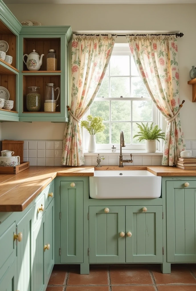 charming English cottage-style kitchen featuring mint green beadboard cabinets with a soft matte finish and round white porcelain knobs. The cabinetry includes lower cabinets and a few open sections with built-in wooden spice racks displaying neatly arranged glass jars filled with herbs and spices. Above the counter, a small section of open shelving made from natural wood holds vintage crockery including floral-patterned teacups, mismatched plates, and cream-colored ceramic pitchers.

The countertop is solid wood with a warm, aged patina, showing subtle scratches and natural grain. A white farmhouse sink with a classic brass bridge faucet sits beneath a cottage-style window framed in white trim. The window is dressed with floral curtains in soft pastel tones of pink, cream, and green, gathered loosely with simple tiebacks.

The backsplash is made of white square ceramic tiles with slightly irregular edges and light gray grout, adding to the handmade feel. Above the sink, a wooden wall-mounted drying rack holds a few white dishes. On the counter, a small ceramic vase with freshly picked wildflowers sits beside a stack of old cookbooks. The floor is made of terracotta tiles in a rustic matte finish, worn slightly at the edges.

The lighting is soft and natural, streaming through the window and highlighting the mint cabinetry and vintage details. The overall atmosphere is warm, nostalgic, and full of storybook cottage charm, blending pastel hues, timeworn textures, and cozy, collected elements.
