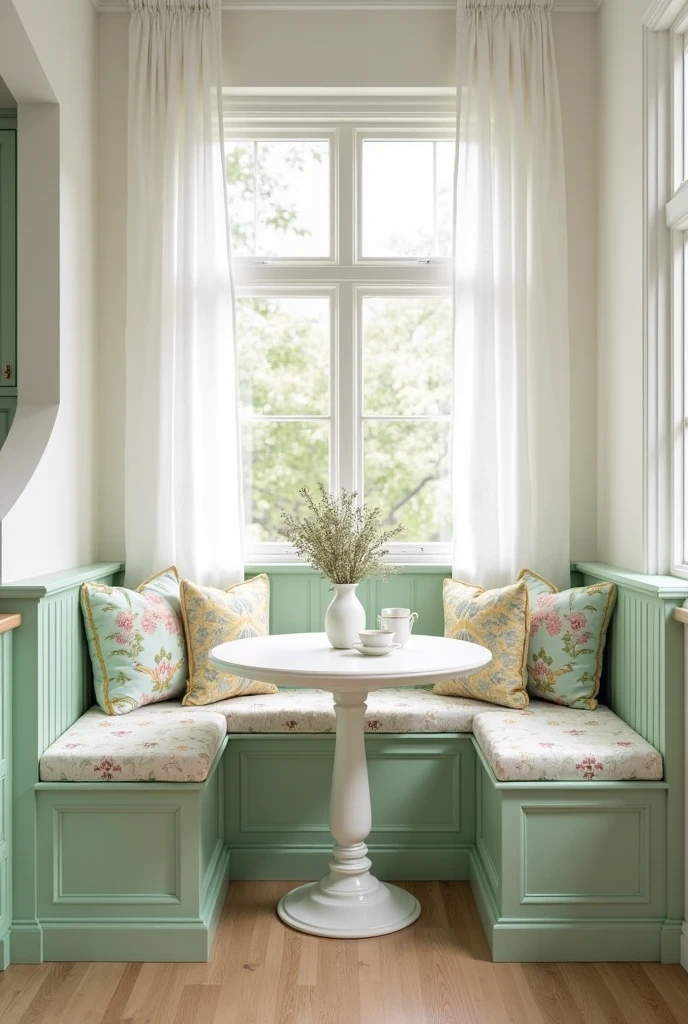 a cozy breakfast nook nestled in the corner of a kitchen, featuring built-in banquette seating painted in soft mint green with a satin finish. The banquette wraps around two walls beneath a large window, creating an inviting L-shape. The seat cushions are upholstered in a white fabric with a delicate floral pattern in soft greens, pinks, and yellows, while several throw pillows in complementary prints and solid pastels add comfort and charm.

In front of the seating is a round white pedestal table with a smooth matte surface and a carved base, perfectly scaled for the nook. The surrounding walls are painted a warm matte white, enhancing the softness of the space. Light flows through large windows dressed with sheer white curtains that drape gently to the floor, filtering sunlight and creating a bright, airy feel.

The floor beneath the nook is pale oak wood in a wide-plank style with a natural finish. On the table sits a small ceramic vase with freshly cut wildflowers and a pair of white teacups. Adjacent cabinetry in the kitchen, partially visible, echoes the mint green of the banquette, tying the nook into the overall design. The space feels serene, fresh, and perfect for relaxed mornings or quiet moments.