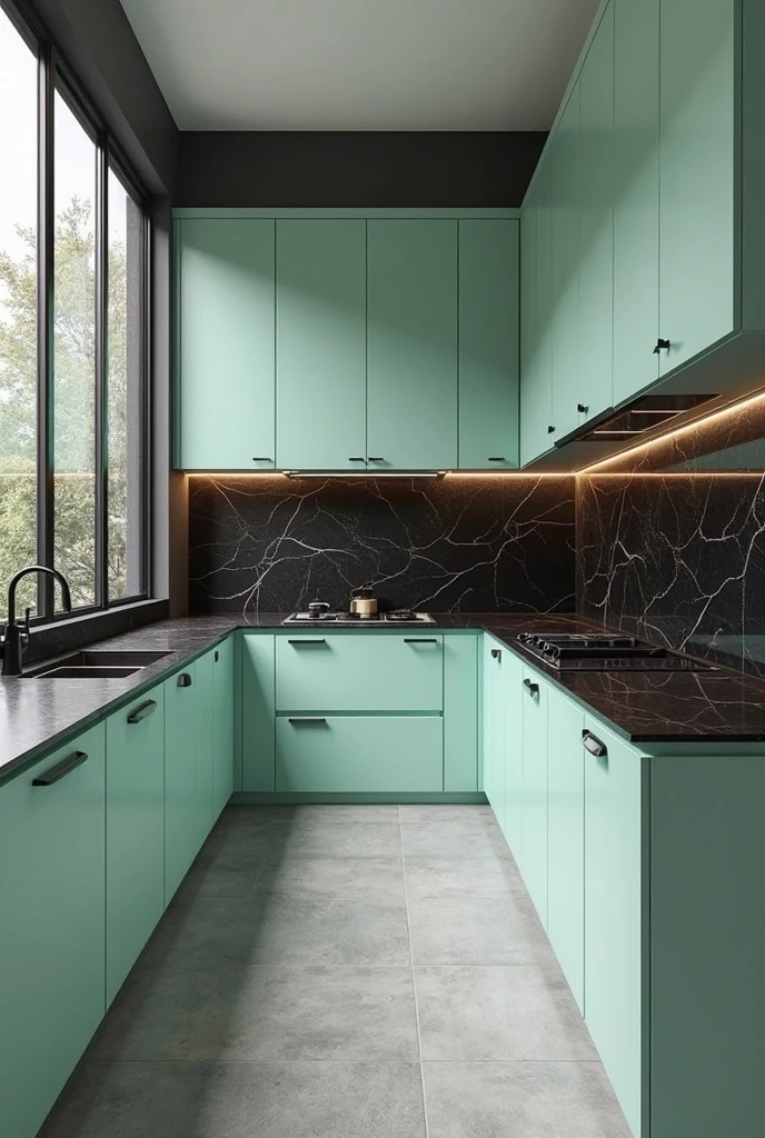 modern kitchen featuring matte mint green flat-panel cabinets with minimalist black handles. The countertops are sleek black granite with a polished finish, extending seamlessly into a matching black backsplash made of large rectangular tiles with subtle texture. The cabinetry lines two walls in an L-shaped layout, creating a clean, sharp contrast between the soft mint and bold black surfaces.

A large central island matches the mint cabinetry and is topped with the same polished black granite, providing a striking focal point. The island includes a built-in undermount stainless steel sink with a matte black faucet featuring a high-arc spout. The floor consists of wide, light gray porcelain tiles with a matte finish, balancing the strong contrast above.

Under-cabinet LED lighting softly illuminates the backsplash, highlighting the smooth transition between mint and black. Stainless steel appliances with black accents integrate seamlessly within the cabinetry. Large windows with thin black metal frames fill the space with natural light, emphasizing the fresh, modern, and dramatic atmosphere created by the mint and black color scheme.
