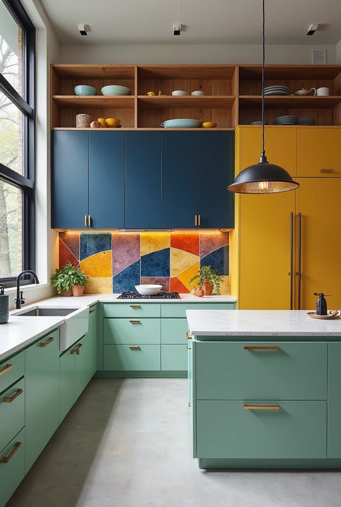 eclectic kitchen featuring bold color blocking with mint green cabinetry paired alongside mustard yellow and navy blue elements. The lower cabinets on one wall are painted in a soft satin mint green with flat-panel doors and sleek brass handles. Adjacent cabinetry features deep navy blue matte finish with matching minimalist hardware, while a tall pantry unit stands in vibrant mustard yellow, adding a lively pop.

The countertops are crisp white quartz with squared edges, contrasting sharply against the colorful cabinetry. The backsplash is divided into blocks of glossy tiles matching the cabinetry colors—mint, navy, and mustard—arranged in a geometric pattern that adds visual excitement.

A large central island painted in mint green includes built-in drawers and a white farmhouse sink with a modern matte black faucet. Above the island hangs a sculptural pendant light with black metal detailing. The floor is light gray polished concrete with a smooth texture.

Open shelves in natural wood display eclectic dishware and colorful ceramics, enhancing the artistic vibe. Large black-framed windows fill the room with natural light, highlighting the vibrant, expressive color-blocked kitchen that balances boldness with harmony.