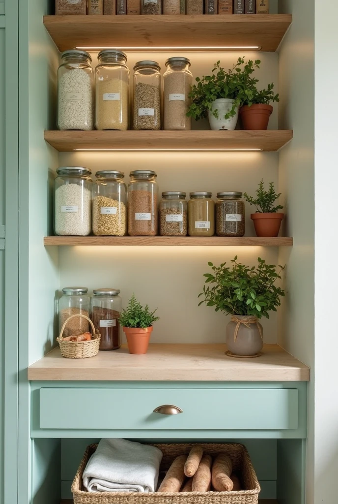 a mint green pantry nook featuring natural wood shelves with a smooth matte finish. The shelves are neatly organized with clear glass jars containing dry goods like pasta, rice, and spices, each jar labeled with simple white tags. A row of vintage cookbooks with worn covers rests on the middle shelf alongside small potted herbs in terracotta pots, adding a fresh touch of greenery.

The back wall inside the pantry is painted soft cream, complementing the mint exterior. Soft LED strip lighting runs along the underside of each shelf, casting warm, even light on the contents. A woven basket sits on the bottom shelf, holding root vegetables and kitchen linens. The overall interior feels warm, orderly, and inviting, balancing practical storage with charming, natural details.