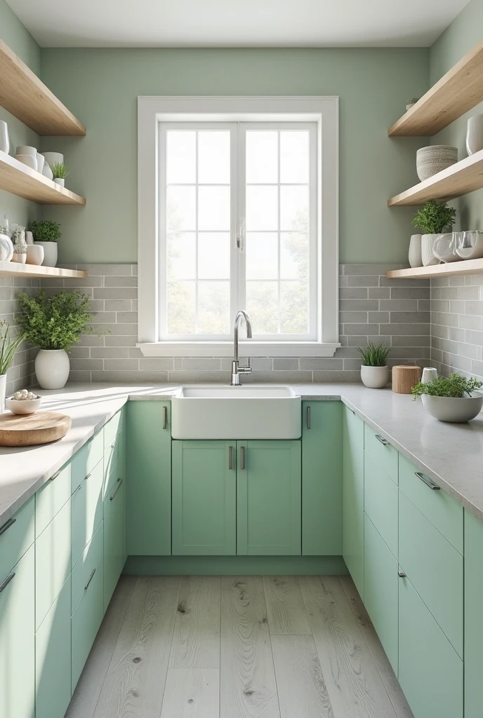 calming kitchen featuring soft mint green cabinetry with a satin finish and flat-panel doors. The countertops are light grey quartz with a smooth matte texture and squared edges, flowing seamlessly into a matching grey backsplash made of large rectangular tiles arranged in a clean horizontal pattern.

The cabinetry lines two walls in an L-shaped layout, with upper cabinets in mint green matching the lowers. The sink is an undermount white ceramic basin centered beneath a large window framed in white trim, equipped with a minimalist brushed nickel faucet. The floor is light ash grey hardwood with a matte finish, adding subtle warmth to the cool palette.

Open shelves in light natural wood display simple white ceramics and small green plants, enhancing the serene atmosphere. Soft natural light streams through the windows, highlighting the gentle contrast between mint and grey tones. The overall ambiance is spa-like, peaceful, and beautifully balanced.