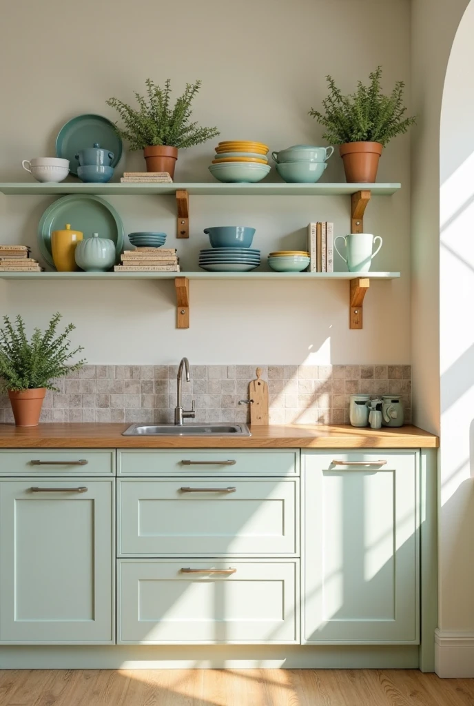 kitchen featuring mint green open shelves mounted on a soft cream wall with natural wood brackets showing warm honey grain. The shelves hold colorful ceramic dishes in blue, white, and yellow, vintage cookbooks, and terracotta pots with green herbs. Below, a natural wood countertop with a matte finish adds warmth, while matte white shaker-style lower cabinets with brushed nickel handles create a clean backdrop. The neutral backsplash blends seamlessly with the wall. Soft natural light from a large window highlights the mix of mint, wood, and colorful accents. The floor is light oak planks with a matte finish. The space feels airy, welcoming, and balanced with modern farmhouse charm.