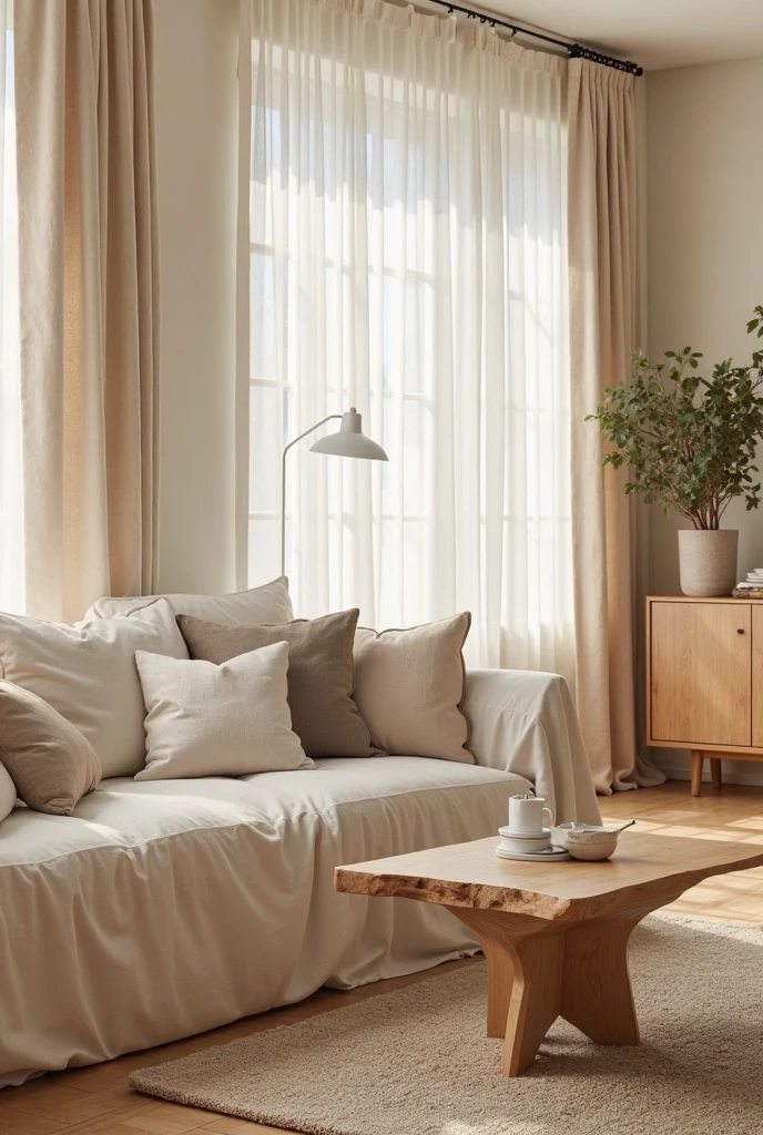 interior with creamy matte walls and soft natural lighting. A plush cream-colored sofa with washable linen slipcovers sits against the wall, styled with oversized linen cushions in soft beige and slightly darker taupe tones. Long, flowing linen curtains in a flax shade hang from ceiling to floor, gently filtering sunlight through tall windows and casting a warm, diffused glow across the room. A raw-edge light wood coffee table with natural grain details rests on a textured neutral rug, paired with a matching light wood sideboard in the background. The color palette blends cream, beige, and natural wood tones, creating an airy, relaxed atmosphere perfect for slow living.