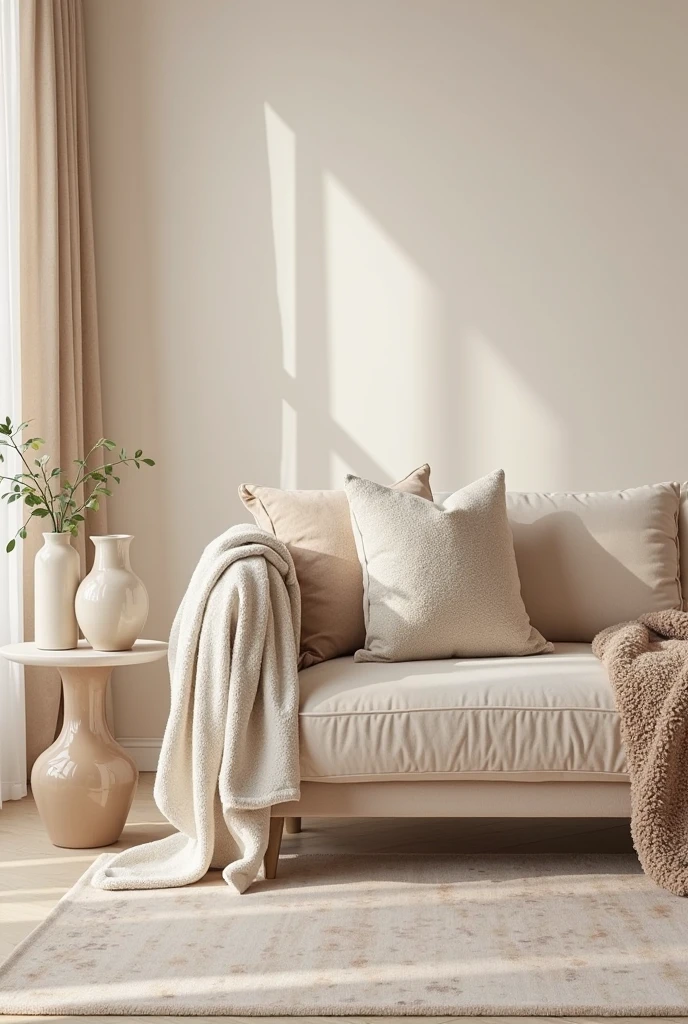 living room with cream-colored matte walls serving as a soft, neutral base. A luxurious velvet sofa in warm cream tones takes center stage, featuring plush boucle and sherpa cushions layered on top in varying shades of ivory, almond, and beige. Draped casually over one arm is a rich cashmere throw with a subtle sheen. The floor is covered by a silk area rug in pale almond with a faint, elegant pattern that catches the light. On a sleek side table nearby, glossy ceramic vases in coordinating cream and beige tones stand arranged with minimalist grace. Soft natural light filters through sheer curtains, enhancing the multidimensional textures and monochromatic palette. The overall atmosphere is refined, tactile, and effortlessly sophisticated, inviting calm with high-end, fashion-forward neutral layering.