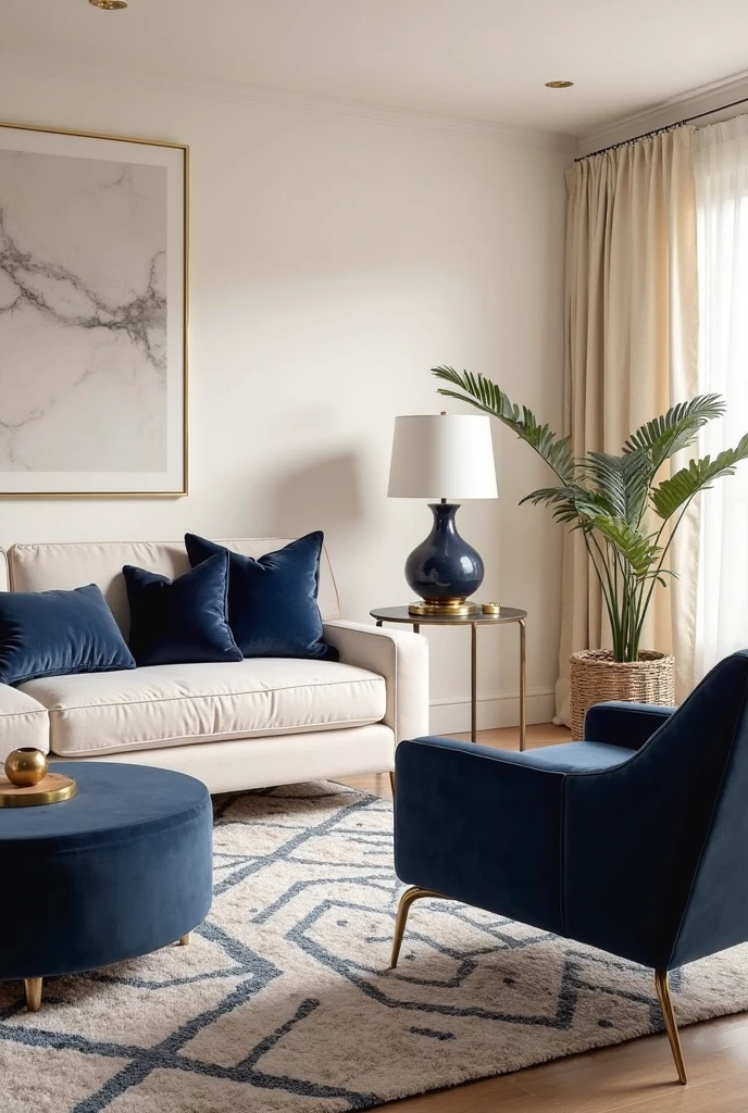 living room with creamy eggshell-finished walls that provide a soft, luminous backdrop. The seating area features a plush cream sofa adorned with deep navy velvet throw pillows that add rich color and texture. A bold navy velvet armchair with sleek lines sits adjacent, its upholstery smooth and inviting. Beneath the furniture lies a patterned area rug combining navy and cream in an intricate geometric design, grounding the space visually. Brass accents appear as polished hardware on side tables and as slender frames around minimalist wall art, adding warmth and refined contrast. Two navy ceramic table lamps with matte finishes and brass bases flank the sofa, casting a gentle, ambient glow. Natural light streams through sheer cream curtains, softening the atmosphere and balancing the bold navy elements with the gentle cream tones for an elegant, grounded living room.

