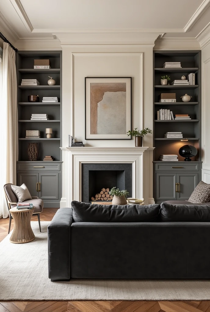living room featuring soft cream walls with subtle trim detailing painted in matching cream tones, creating a warm and luminous backdrop. A deep charcoal velvet sofa with plush cushions and clean lines anchors the seating area, its rich texture contrasting strikingly with the light walls. Built-in bookcases in matte charcoal gray flank the fireplace, filled with neatly arranged books and curated decorative objects. Artwork with thick charcoal frames hangs above the sofa, adding bold visual interest. Hardware and accessories throughout the space are finished in matte brass and aged bronze, including drawer pulls, light fixtures, and a sculptural table lamp with a dark charcoal shade. The flooring is warm-toned hardwood with a subtle sheen, grounding the room’s modern yet cozy atmosphere. Natural light filters softly through sheer cream curtains, balancing the high-contrast palette for an elegant and timeless living space.
