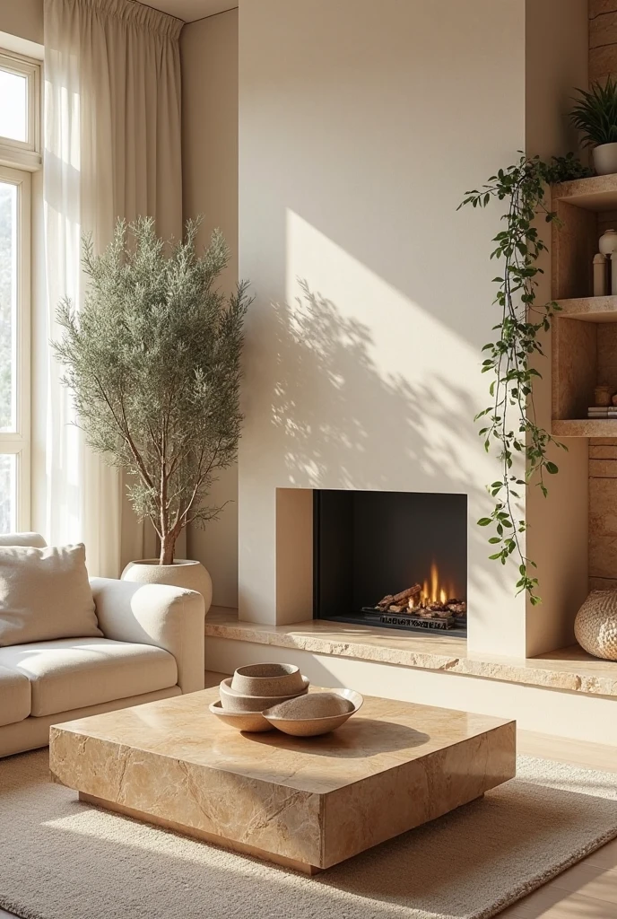 living room with soft cream-colored walls providing a warm, neutral backdrop. The seating area includes a cream upholstered sofa with clean lines and plush cushions. A statement coffee table made of warm-toned travertine stone with natural veining and a matte finish sits centrally on a textured neutral rug. A fireplace surround crafted from limestone with subtle warm undertones and a rough-hewn surface adds tactile depth to the room. Built-in shelving flanking the fireplace features sandstone accents with smooth, natural textures. Lush greenery, including a potted olive tree with silvery-green leaves in a simple ceramic planter and cascading ivy trailing along the shelving, brings vibrant life to the space. Soft natural light streams through sheer curtains, enhancing the organic, serene atmosphere grounded in elemental beauty and harmonious cream and stone tones.