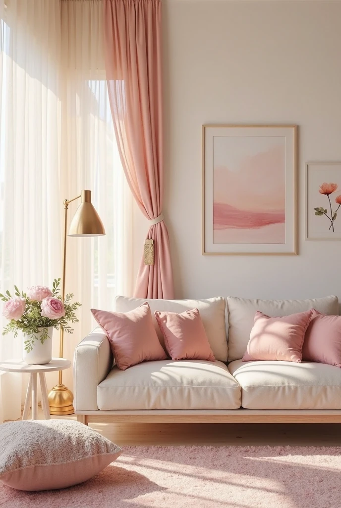 living room with soft cream-colored walls creating a serene, neutral backdrop. A plush creamy sofa with smooth upholstery is adorned with velvet blush pink cushions in varying sizes and textures, adding feminine softness. Sheer blush pink curtains hang from ceiling to floor, filtering warm natural light into the room and casting a gentle rosy glow. Underfoot lies a soft pink area rug with a subtle, plush texture that invites comfort. Accents include delicate rose-gold metallic finishes on a slender floor lamp and picture frames, balanced by pale wood furniture pieces with smooth, light grain visible. Fresh pink peonies arranged in a vintage ceramic vase sit on a minimalist side table, accompanied by folded vintage lace fabric that adds nostalgic charm. Pastel-toned artwork with soft brushstrokes hangs subtly on the walls, completing the airy, romantic ambiance of this cream and blush living room.
