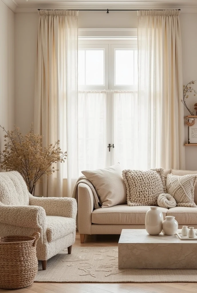 monochrome cream living room with matte-finished cream walls that provide a soft, understated backdrop. A plush boucle armchair in warm cream tones features a nubby, textured fabric that invites touch. Chunky knit throws in varying shades of cream are casually draped over the armchair and sofa, adding tactile depth. Natural woven baskets with tight, intricate weaves sit on the floor, providing organic texture and storage. A lightly patterned cream rug with subtle geometric designs and a low pile covers the floor, complementing the layered textures. A polished stone coffee table with a smooth, reflective surface in soft beige tones anchors the seating area, contrasting elegantly with the matte surroundings. Glossy ceramic vases in cream hues with rounded forms sit atop the table, catching light and adding visual interest. Soft natural light filters through sheer cream curtains, enhancing the warmth and richness of the layered textures in this sophisticated, cohesive space.
