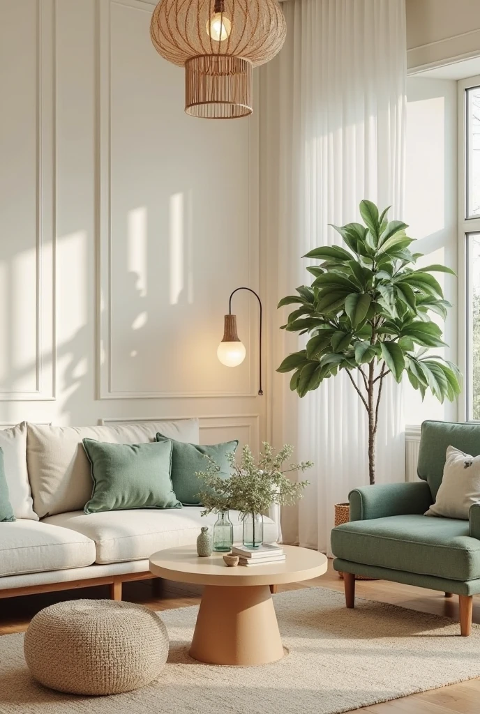 living room designed as a serene, nature-inspired retreat with soft cream-painted walls that create a warm, airy backdrop. Two accent chairs in muted sage green linen sit across from a pale wood coffee table with a smooth, natural finish. A cream linen sofa is styled with throw pillows in a mix of solid sage and subtle botanical patterns. Painted sage green cabinetry along one wall adds depth and cohesion. A large fiddle-leaf fig tree stands beside the window in a clay planter, while a bundle of eucalyptus rests in a glass vase on the coffee table, bringing fresh green texture into the space. Pale wood furniture and clean-lined forms keep the room open and breathable. Overhead, a delicate paper lantern pendant casts a soft, diffused light, complemented by a woven floor lamp with a warm glow. The overall atmosphere is calm, organic, and spa-like, balancing cream and sage in perfect harmony.