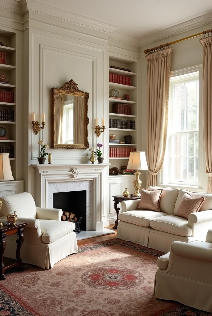traditional living room with an emphasis on classic symmetry and refined design. The walls are painted in a soft cream shade, adorned with crown molding and subtle paneling for architectural depth. A traditional roll-arm sofa upholstered in cream damask fabric sits centered across from a white marble fireplace with elegant veining and a carved mantel. Flanking the sofa are dark wood side tables with carved legs and brass knobs, each topped with vintage brass candleholders. Cream-colored drapery with delicate gold-trimmed edges frames tall windows, flowing to the floor in graceful folds. A richly patterned Oriental rug in shades of cream, beige, and muted burgundy anchors the space. Built-in bookcases line one wall, filled with classic hardbound books and small antique objects. Above the fireplace, an ornate gilt-framed mirror reflects the room’s soft lighting, which is enhanced by vintage brass wall sconces with cream fabric shades. The entire space feels formal, timeless, and warmly inviting.
