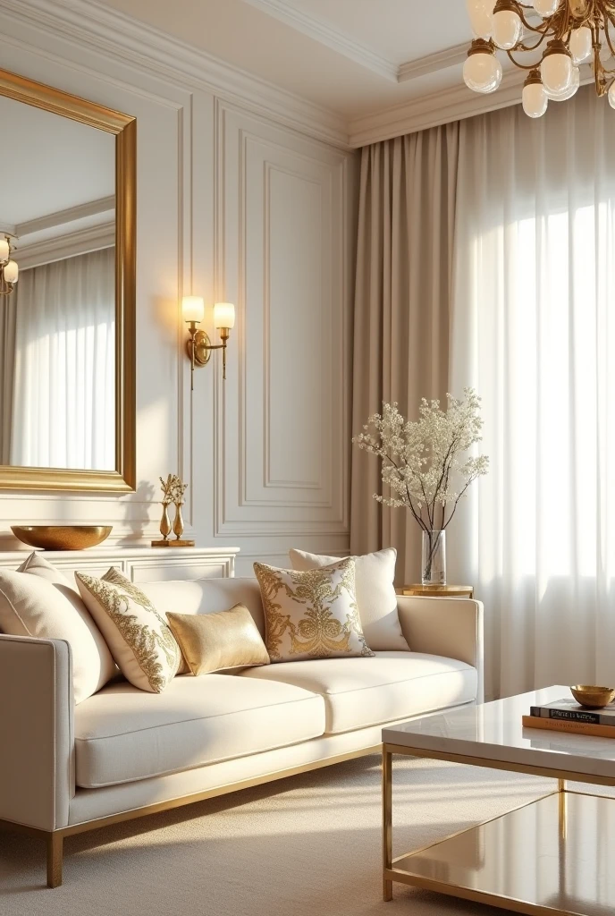 living room with a soft, elegant cream color palette enhanced by luxurious gold accents. The centerpiece is a plush cream sofa with deep cushions, styled with throw pillows featuring gold embroidery, delicate metallic threads, and subtle sequin embellishments that catch the light. A marble-topped coffee table with a polished white surface and slender gold legs sits in front of the sofa, reflecting the room's opulence. Above, a brushed gold chandelier with soft white globes casts a warm glow. Brushed gold wall sconces are mounted on either side of a large, gold-framed mirror hanging above a low cream console table. A set of decorative gold bowls and a pair of slender gold candlesticks adorn the table’s surface. The floor is covered by a pale cream rug with a faint geometric pattern, and natural light filters through sheer cream curtains, illuminating the room with a soft shimmer. The overall atmosphere is sophisticated, glowing, and balanced, where cream tones anchor the glamour of gold.