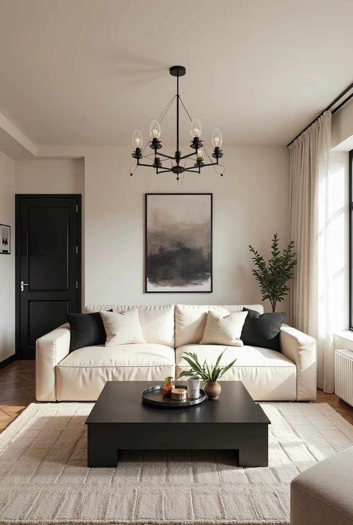 living room with a harmonious balance of cream and black tones. The walls are painted in a soft cream hue with a smooth matte finish, creating a warm and elegant backdrop. A large cream upholstered sofa with clean lines and plush cushions anchors the room, set atop a thick cream area rug with a faint textured pattern. A matte black coffee table with a minimalist rectangular design sits centered in front of the sofa. Above the sofa, black-framed abstract artwork adds striking contrast, while a wrought-iron chandelier with slender arms and exposed bulbs hangs from the ceiling, adding an architectural touch. A black-painted interior door on the side wall subtly draws the eye, complementing a nearby black-framed window that lets in soft natural light. The overall space is grounded and refined, combining high-contrast elements with soft textures to achieve a cozy yet stylish atmosphere.
