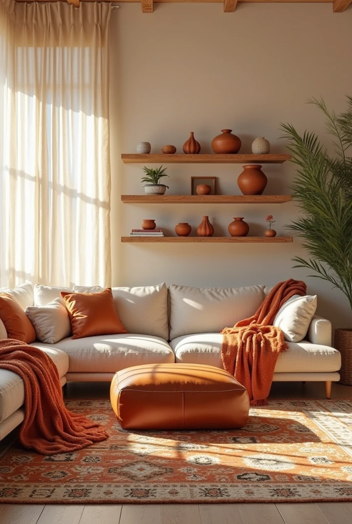 living room with soft cream-colored walls that create a warm, luminous backdrop. A neutral-toned linen sofa with clean lines is adorned with terracotta-colored throw pillows and a burnt orange wool blanket draped casually over one arm. In front of the sofa, a low-profile leather ottoman in rich terracotta doubles as a coffee table. A Southwestern-style rug in a mix of cream, rust, and earthy browns grounds the space beneath the seating area. Terracotta pottery and clay planters in varying shapes and sizes are displayed on open wooden shelves. Natural textures are layered throughout, including a jute area rug partially overlapping the patterned one, and warm-toned wooden furniture with visible grain. Large windows with sheer cream curtains flood the room with sunlight, making the earthy tones glow and enhancing the organic, sun-warmed ambiance.