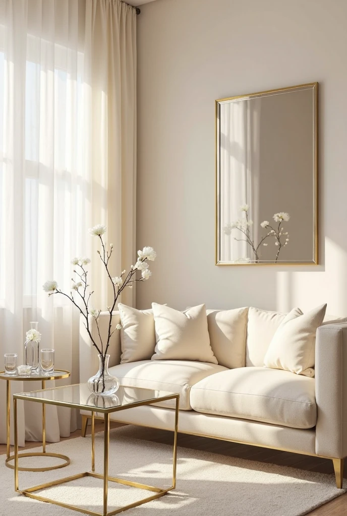 living room with soft cream-painted walls and a matching cream-upholstered sofa with smooth, elegant lines. A central glass-top coffee table with slender gold legs reflects the surrounding light and adds a refined, weightless quality to the room. On either side of the sofa are clear lucite side tables with minimalist silhouettes, each holding delicate glass vases in varying shapes and heights—some round, others tall and slender—filled with simple white blooms. A large rectangular mirror with a thin gold frame hangs above the sofa, strategically placed to reflect natural light from the nearby window, enhancing the sense of space. The floor is light-toned wood, and a pale cream rug with a subtle texture anchors the seating area. Sheer cream curtains softly diffuse daylight, filling the room with a bright, airy glow. The overall aesthetic is minimal, luminous, and graceful, combining cream and glass elements to create a clean, expansive atmosphere perfect for small or dim spaces.