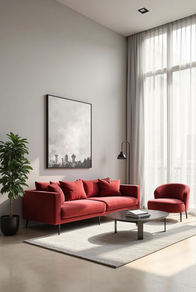 minimalist living room with a sleek and modern aesthetic. The walls are smooth and painted in a soft matte light gray, creating a calm and neutral backdrop. A luxurious red velvet sofa with clean lines sits prominently against the main wall, its rich texture and deep red hue drawing the eye. Next to the sofa, a matching red velvet accent chair adds balance and visual interest. The flooring is smooth light beige concrete, complemented by a low, modern glass coffee table with a black metal frame. On the wall above the sofa hangs a single large abstract art piece in monochrome tones. A tall potted plant with lush green leaves stands in one corner, adding a touch of nature. The space is illuminated by natural light pouring through large, floor-to-ceiling windows with sheer white curtains. A minimalist black floor lamp stands beside the chair, and a neutral area rug in off-white and gray tones anchors the seating area, enhancing the room’s refined modern warmth.
