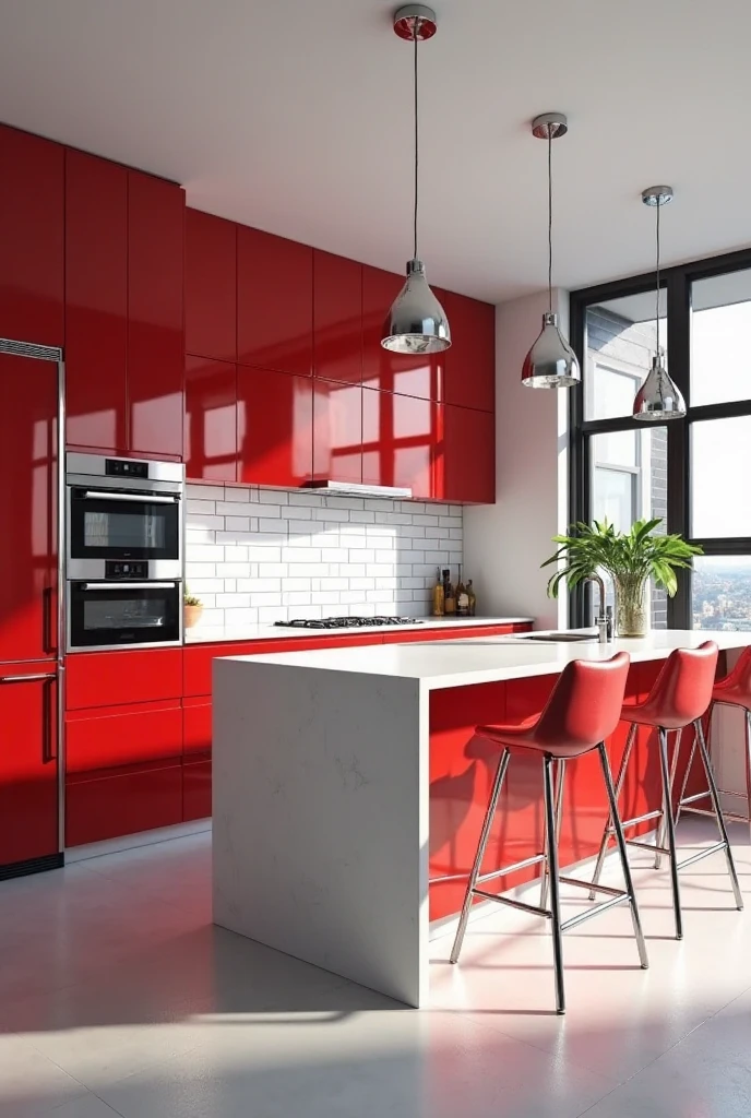 modern kitchen featuring high-gloss red cabinets with a sleek, reflective finish that intensifies the vivid red color. The upper and lower cabinets are handleless, creating a seamless, contemporary look. A bright white subway tile backsplash runs along the entire wall behind the countertops, adding clean contrast. The countertops are made of polished white quartz with subtle gray veining. Integrated stainless steel appliances include a double-door refrigerator, a built-in oven, and a minimalist electric cooktop with a matching stainless steel range hood. The floor is smooth light gray concrete, and under-cabinet LED lighting casts a soft glow onto the backsplash. Above the island, two modern pendant lights with chrome finishes hang from the ceiling. A sleek white bar-height island with a waterfall edge stands at the center, surrounded by three minimalist barstools with brushed steel legs and red leather seats. The room is flooded with natural light from large windows with black metal frames, emphasizing the bold yet sophisticated energy of the space.
