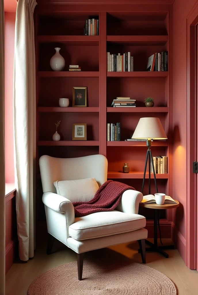 cozy red reading nook tucked into a small alcove. The walls are painted in a warm, matte brick red, creating an intimate and inviting atmosphere. Built-in bookshelves painted in the same red color span from floor to ceiling, filled with a mix of old and new books, small framed art, and decorative objects like candles and ceramic vases. A plush, overstuffed cream-colored armchair with a soft texture sits centered in the nook, angled slightly for comfort. A knitted throw blanket in deep burgundy is draped over one arm of the chair. Beside the chair stands a black metal floor lamp with a fabric drum shade, casting a gentle, warm light. A small round wooden side table holds a steaming mug, a pair of reading glasses, and an open book. The floor is natural oak wood with a small woven area rug in muted red and beige tones. A nearby window framed with light linen curtains lets in soft daylight, enhancing the cozy charm of this peaceful retreat.
