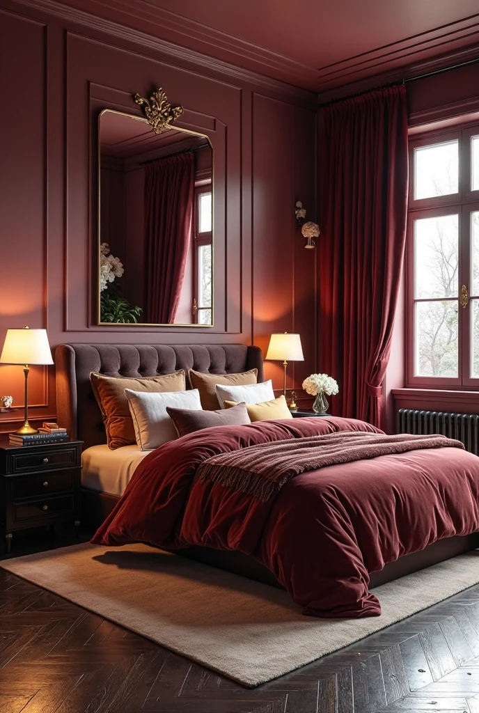 moody bedroom with walls painted in a deep matte burgundy, enveloping the space in a rich and romantic atmosphere. The large bed features a luxurious velvet duvet and pillow set in matching burgundy tones, with contrasting cream and gold accent pillows adding softness. The headboard is upholstered in dark tufted velvet, complementing the bedding. On either side of the bed, black lacquered nightstands hold elegant brass table lamps with warm, soft light glowing through cream fabric shades. The floor is dark hardwood with a plush cream area rug partially beneath the bed. Heavy, floor-length burgundy velvet curtains frame a large window, slightly parted to reveal soft natural light. Decorative touches include a gold-framed mirror above the bed, a small vase with fresh white flowers on one nightstand, and a few hardcover books stacked neatly. The overall ambiance balances dramatic depth with inviting comfort.

