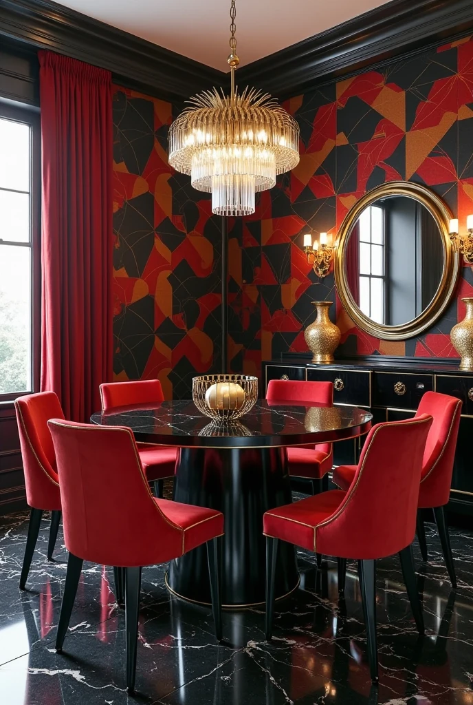 Art Deco-inspired dining room featuring rich red and black tones that evoke 1920s glamour. The walls are covered in geometric patterned wallpaper with bold black, gold, and deep red shapes, creating a dramatic backdrop. Centered in the room is a round black lacquered dining table with a high-gloss finish, reflecting soft light. Surrounding the table are six elegant dining chairs upholstered in deep red velvet with sleek black wooden legs and gold trim accents. Above the table hangs a striking sculptural chandelier made of polished brass with tiered, fan-shaped glass elements that cast intricate shadows. The flooring is glossy black marble with subtle white veining. Along one wall stands a black lacquered sideboard with gold hardware, topped with a pair of gold geometric vases and a large gold-framed mirror reflecting the room’s opulence. The space is softly illuminated by wall sconces featuring frosted glass and brass details, enhancing the luxurious and sophisticated atmosphere perfect for stylish entertaining.
