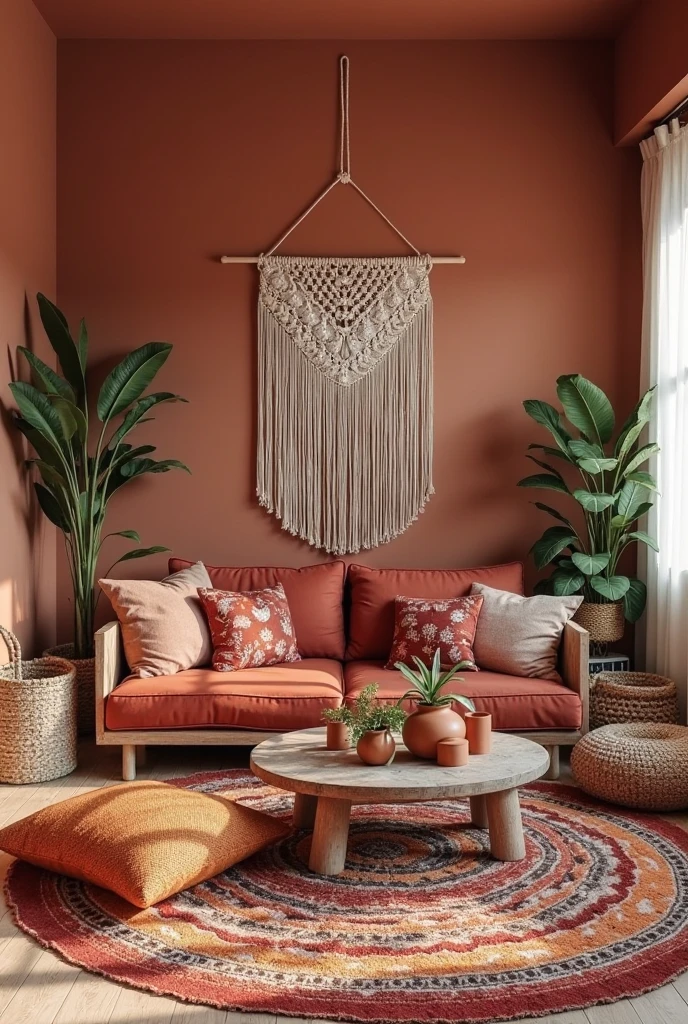 bohemian living room featuring a harmonious blend of red tones including rust, terracotta, and deep maroon. The walls are painted in a warm terracotta shade with a matte finish, creating a soft, inviting backdrop. The seating area includes a low, cushioned sofa upholstered in rich maroon fabric, layered with an assortment of textured pillows in various shades of rust, burnt orange, and cream, featuring intricate patterns and embroidery. The floor is covered with multiple overlapping woven rugs in earthy reds, oranges, and natural beige hues, adding depth and warmth. Natural woven baskets of different sizes and shapes are arranged along one wall, used for storage and decoration. A large macramé wall hanging with fringe details in cream tones adorns the wall above the sofa. The coffee table is made of reclaimed wood with a weathered finish, holding a collection of terracotta pots filled with leafy green plants. Soft natural light filters through sheer white curtains, enhancing the room’s cozy, eclectic atmosphere perfect for relaxed casual living.
