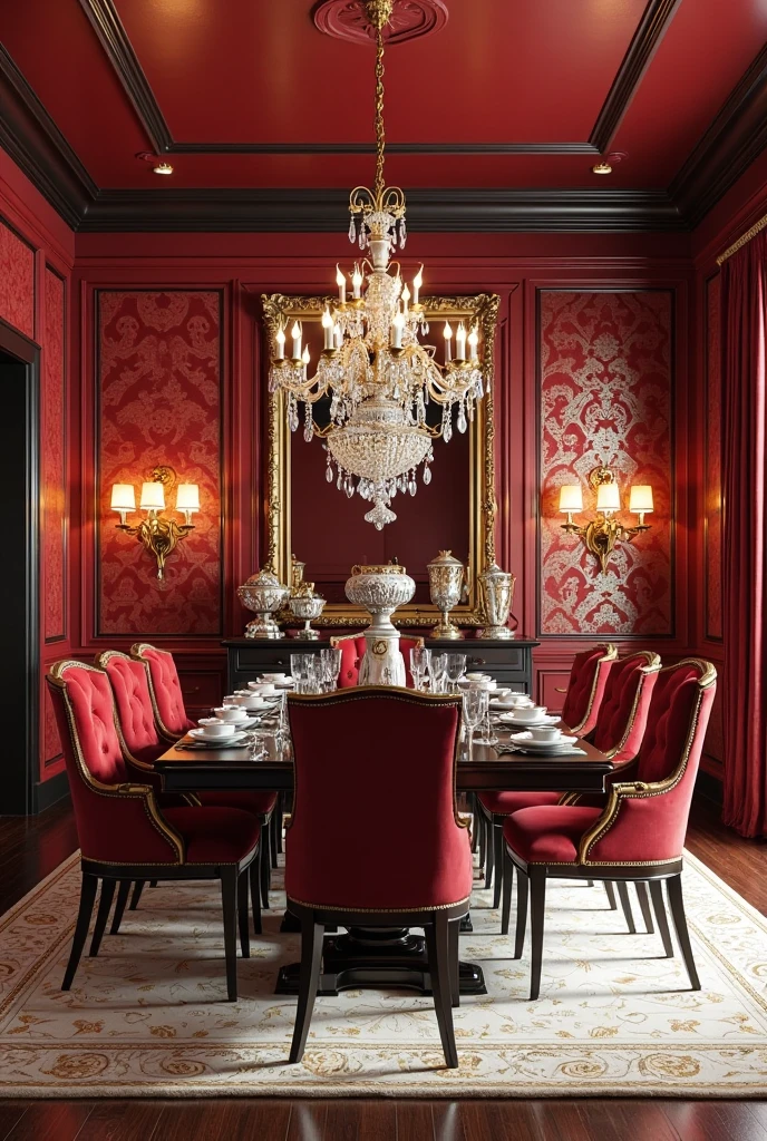 luxurious formal dining room featuring red wallpaper with intricate metallic gold damask patterns. The wallpaper has a rich, deep crimson base with reflective gold accents that catch the light subtly, creating an elegant shimmer across the walls. The room contains a large rectangular dark mahogany dining table with a polished finish, surrounded by eight high-back upholstered chairs in deep red velvet with gold trim detailing. Above the table hangs an ornate crystal chandelier with gold hardware, casting a warm, radiant glow. The floor is dark hardwood with a plush cream and gold patterned area rug beneath the dining set. On one wall, a gilded gold-framed mirror reflects the wallpaper’s metallic highlights, enhancing the room’s glamorous ambiance. Decorative gold candlesticks and a fine china set are arranged on the table. The space is softly illuminated by wall sconces with gold bases and frosted glass shades, completing the sophisticated, opulent atmosphere ideal for formal entertaining.