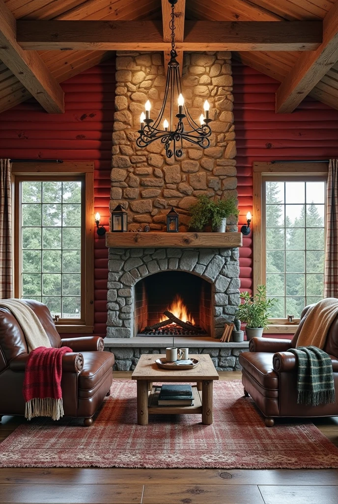 rustic cabin living room featuring barn red painted wooden walls with visible natural wood grain and large exposed dark oak ceiling beams. The room centers around a massive stone fireplace constructed from irregular, rough-hewn gray and brown stones with a thick wooden mantel displaying vintage lanterns and small pinecone decorations. Two deep brown leather armchairs with worn patina sit angled in front of the fireplace, each adorned with cozy plaid throw blankets in red, cream, and forest green hues. The floor is wide plank hardwood with a thick woven area rug in matching plaid patterns, adding texture and warmth. A sturdy reclaimed wood coffee table with iron hardware holds a stack of rustic books and a ceramic mug. Soft, warm light emanates from a wrought iron chandelier with candle-style bulbs hanging from the ceiling and matching wall sconces beside the fireplace. Large windows framed with plaid curtains reveal a glimpse of a dense pine forest outside, completing the authentic cozy log cabin retreat atmosphere.
