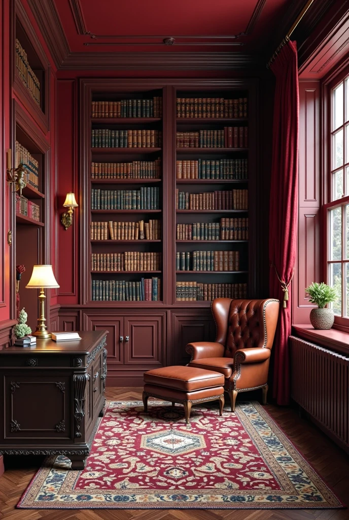 classic library or study featuring deep oxblood red walls with a matte finish that radiate timeless elegance. The room is lined with floor-to-ceiling dark mahogany bookshelves filled with leather-bound books and antique decorative items. In the center sits a large vintage-style leather wingback chair in rich dark brown, positioned next to a matching leather ottoman. A dark wood writing desk with carved details occupies one side of the room, topped with an antique brass desk lamp emitting a warm, soft glow. The flooring is polished dark hardwood covered partially by a traditional Persian rug in deep reds, blues, and cream. Ornate vintage brass wall sconces with frosted glass shades flank the walls, adding intimate lighting. Heavy dark red velvet curtains frame tall windows with subtle gold tassels, allowing filtered natural light to complement the room’s scholarly, sophisticated atmosphere.