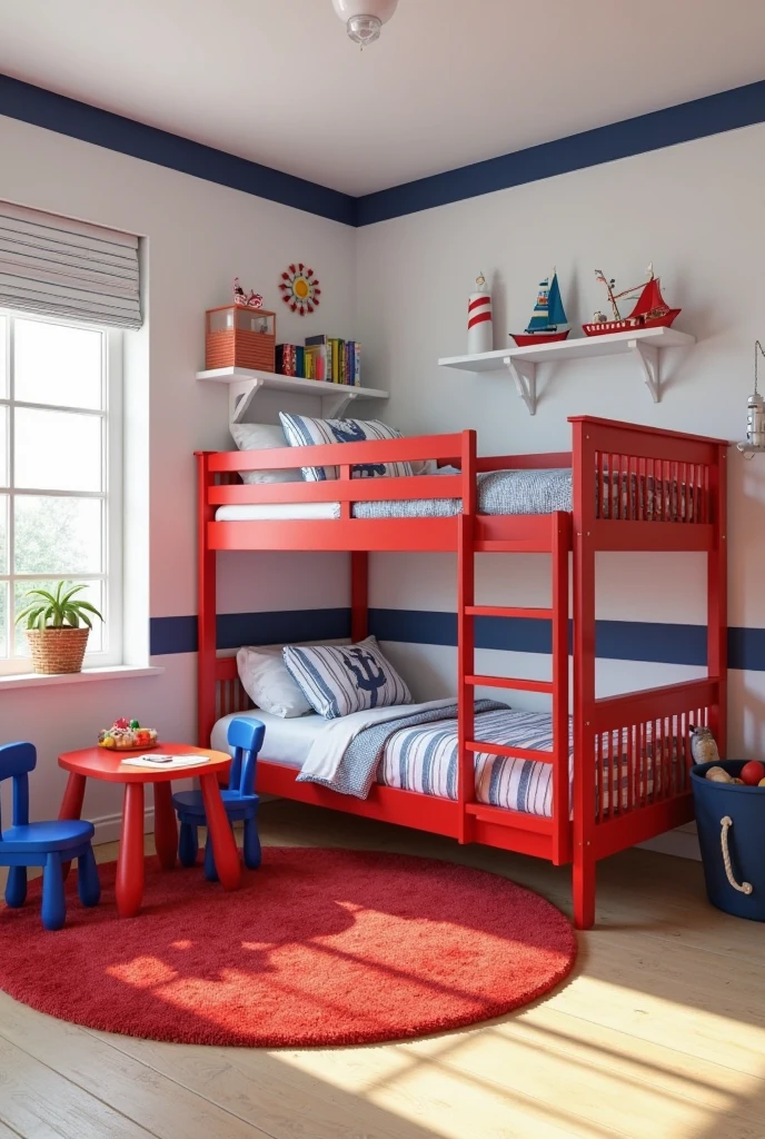 cheerful children's bedroom with a playful nautical theme. The focal point is a bright cherry red bunk bed with a built-in ladder and safety rails, featuring white and navy striped bedding and decorative blue anchor pillows. The walls are painted soft white with a navy blue horizontal stripe running around the room, giving it a crisp, nautical feel. A large round bright red rug covers the light wood floor, centered beneath the bunk bed. In one corner, a small cherry red play table with two matching chairs sits near a window, holding building blocks and coloring supplies. Floating white shelves on the wall display red and blue toy boats, books with colorful spines, and a small globe. A navy blue fabric storage bin with white rope handles rests beside the bunk bed, filled with plush toys. A wall-mounted lamp shaped like a lighthouse casts a warm, cozy light, and a sailboat-shaped mobile hangs from the ceiling above. The room feels energetic, inviting, and perfect for imaginative play.