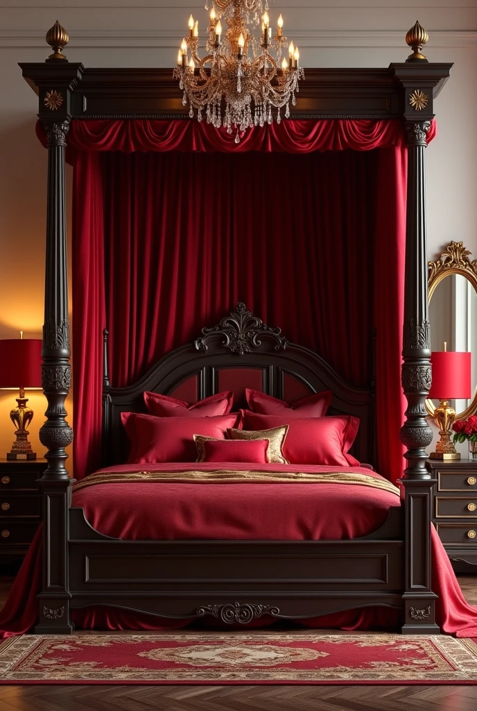 romantic bedroom centered around a deep red canopy bed. The bed features an ornate dark wood frame with tall posts draped in rich crimson velvet fabric that cascades from the canopy top down each corner, creating an enclosed, intimate feel. The bedding includes layers of red silk sheets, a velvet quilt, and plush pillows in deep red, gold, and bronze tones. Behind the bed, the wall is painted a soft warm beige, allowing the canopy to stand out. On each side of the bed are antique bronze nightstands topped with decorative gold-trimmed lamps with red silk shades casting a warm glow. A vintage gold-framed mirror hangs above one nightstand, while the other side features a small bouquet of deep red roses in a glass vase. The floor is dark herringbone wood with a luxurious patterned rug in crimson and bronze beneath the bed. A crystal chandelier with bronze accents hangs overhead, reflecting softly in the velvet and silk textures, creating an atmosphere of old-world glamour and romance.