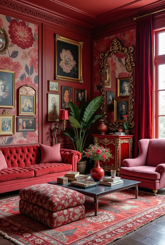 maximalist living room bursting with rich red tones and layered patterns. The walls are painted in a deep ruby red matte finish, covered partially by a large floral wallpaper with oversized red, pink, and burgundy blossoms. The seating area features an eclectic mix of furniture: a velvet scarlet sofa with striped red and gold cushions, a deep maroon wingback chair with intricate floral embroidery, and a patterned ottoman in shades of crimson and rose. The floor is covered by multiple overlapping rugs with red geometric and floral motifs in varying textures. Walls are adorned with an array of framed artwork, including bold abstract paintings, vintage portraits, and decorative mirrors with ornate gold and red frames. A dark wood coffee table is cluttered with colorful books, vintage trinkets, and a red ceramic vase filled with fresh roses. Brass floor lamps with red fabric shades provide warm, layered lighting. Heavy red velvet curtains with gold tassels frame tall windows, while an intricately carved red sideboard holds sculptural objects and exotic plants. The room is vibrant, richly textured, and full of personality.