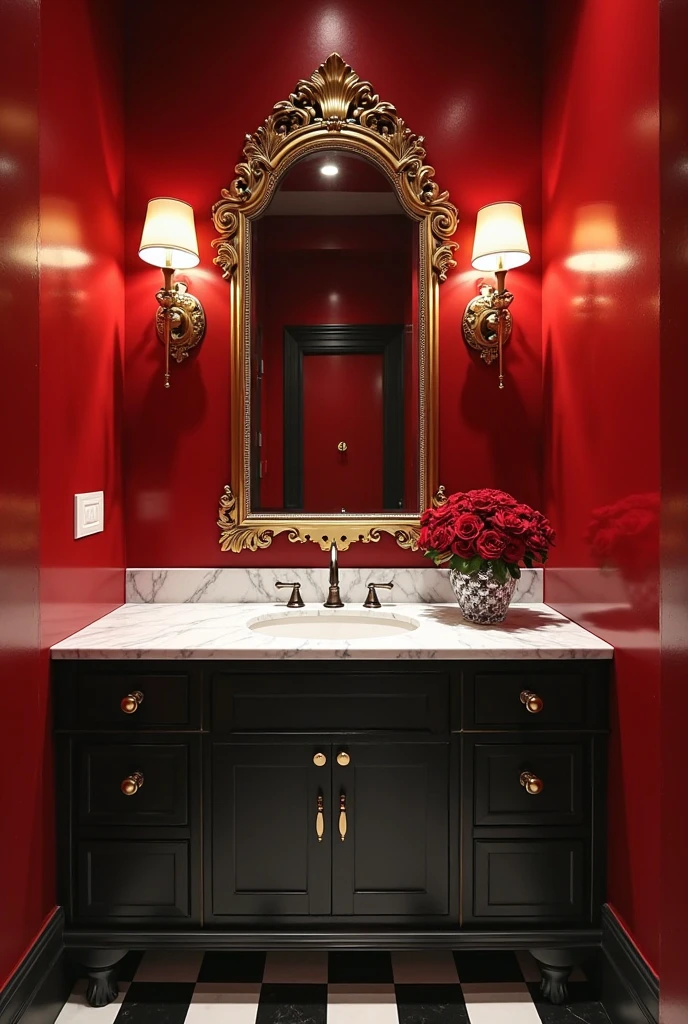 luxurious powder room featuring walls coated in high-gloss, lacquered red paint that reflects light and creates a jewel-box effect. The small space has sleek white marble countertops with subtle gray veining atop a modern black vanity with clean lines and brass hardware. Above the vanity hangs a large, ornate gold-framed mirror with intricate detailing that adds drama and elegance. On each side of the mirror, vintage-style brass wall sconces with frosted glass shades emit a soft, warm glow. The floor is polished black and white checkered tiles, adding a classic touch to the glamorous setting. A small crystal vase holding deep red roses sits on the countertop, enhancing the rich color scheme. Chrome fixtures and a minimalist faucet complete the space, which is illuminated by subtle recessed ceiling lights that highlight the glossy red walls and create a stunning, intimate atmosphere designed to surprise and delight guests.