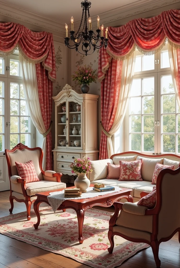 French country-style living room infused with red accents. The walls are covered in classic red and white toile wallpaper featuring pastoral scenes, creating a romantic and vintage backdrop. Large windows are dressed with red and cream checkered curtains, tied back with tasseled cords. The focal point is a pair of antique wooden armchairs with carved details, painted in distressed crimson and upholstered in soft beige linen. A matching distressed crimson coffee table sits between them, topped with a lace runner, a stack of antique books, and a ceramic vase filled with wildflowers. The floor is warm-toned oak wood with a faded floral area rug in shades of cream, red, and rose. A cream-colored armoire with curved legs and ornate molding stands against one wall, decorated with porcelain dishes and vintage glassware. A wrought iron chandelier with candle-style bulbs hangs from the ceiling, casting soft, warm light. The space exudes old-world charm, layered textures, and a rich, welcoming palette.