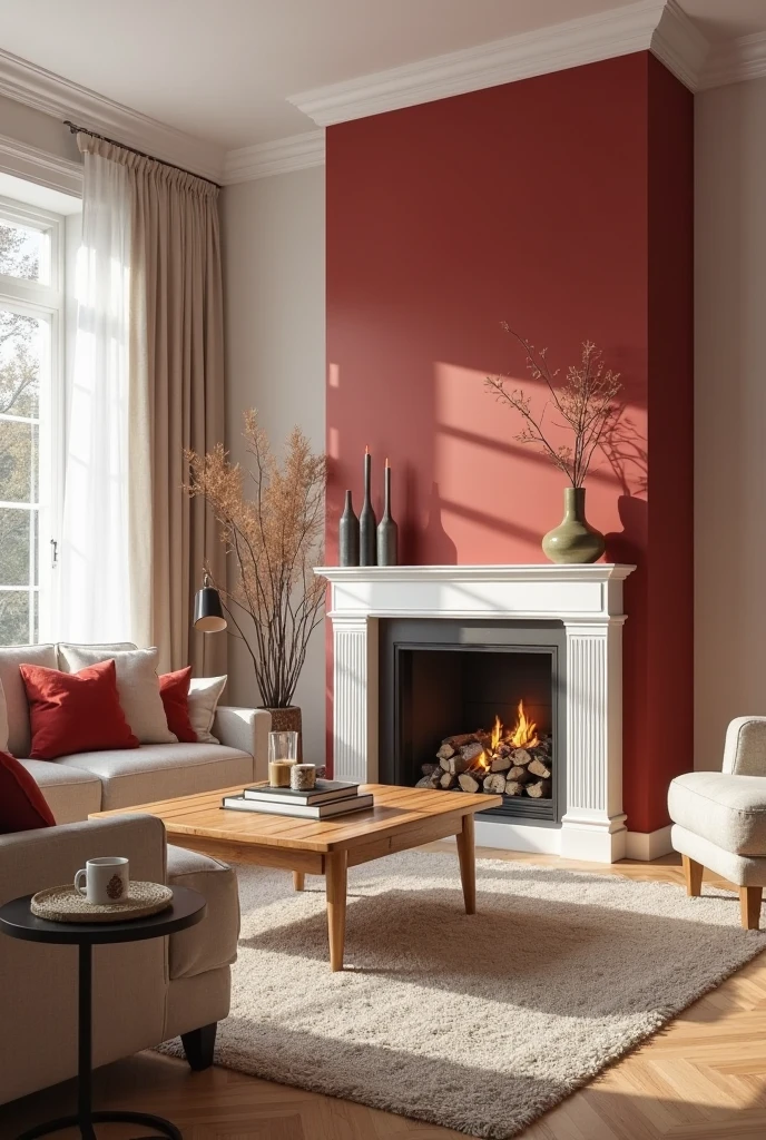 cozy living room with a fireplace as the bold focal point. The wall surrounding the fireplace is painted in a deep, rich crimson red with a smooth matte finish, standing out against the adjacent soft white walls. The fireplace itself features a classic white mantel with clean, elegant lines, topped with a row of decorative objects including candlesticks, and a ceramic vase with dried branches. Inside the firebox, stacked logs glow with a soft, warm fire. A light beige linen sofa faces the fireplace, adorned with red and cream throw pillows. A textured wool rug in ivory lies beneath a wooden coffee table with a natural finish, which holds a small stack of books and a mug on a coaster. To the side, a tufted armchair in oatmeal fabric sits angled toward the fire, paired with a floor lamp that casts soft light. Tall windows with sheer curtains let in natural daylight, balancing the warmth of the red with an airy, inviting atmosphere.