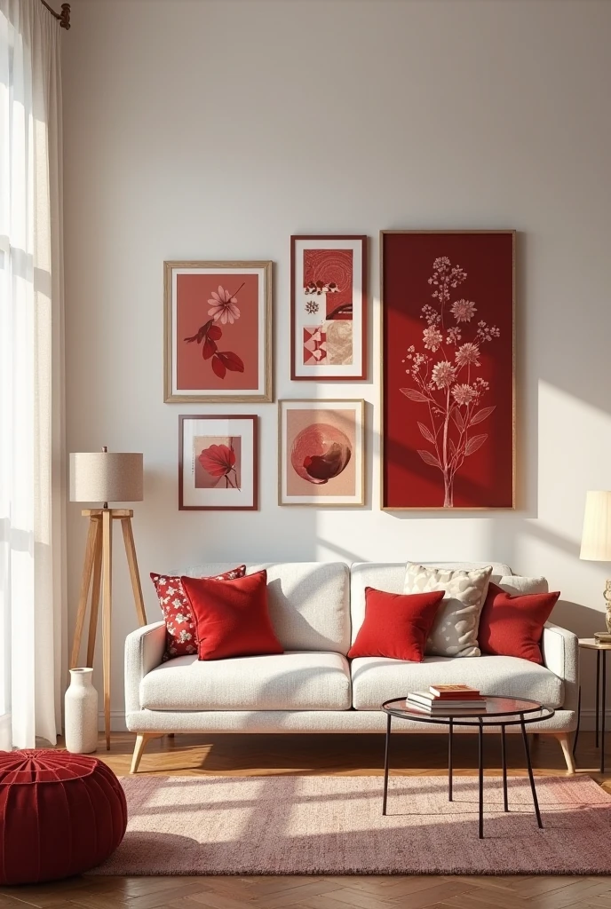 stylish living room featuring a red-toned gallery wall as the main visual focus. The gallery wall is arranged on a soft white background and includes a variety of artwork in different sizes and orientations. Each piece features dominant shades of crimson, scarlet, or burgundy, with subjects ranging from abstract brushstrokes to vintage botanical prints. The frames are a mix of glossy red, matte burgundy, and deep cherry wood, creating depth and cohesion. The layout is intentionally varied, with slight spacing differences for an eclectic, collected-over-time look. Below the gallery wall is a sleek ivory sofa with minimal lines, decorated with a mix of red and neutral throw pillows. A small side table in light oak stands beside the sofa, holding a ceramic lamp and a stack of art books. The floor is warm-toned hardwood with a flatwoven cream and red rug beneath a glass coffee table. Soft daylight streams through large windows dressed in sheer curtains, highlighting the art and creating a cozy, curated ambiance.
