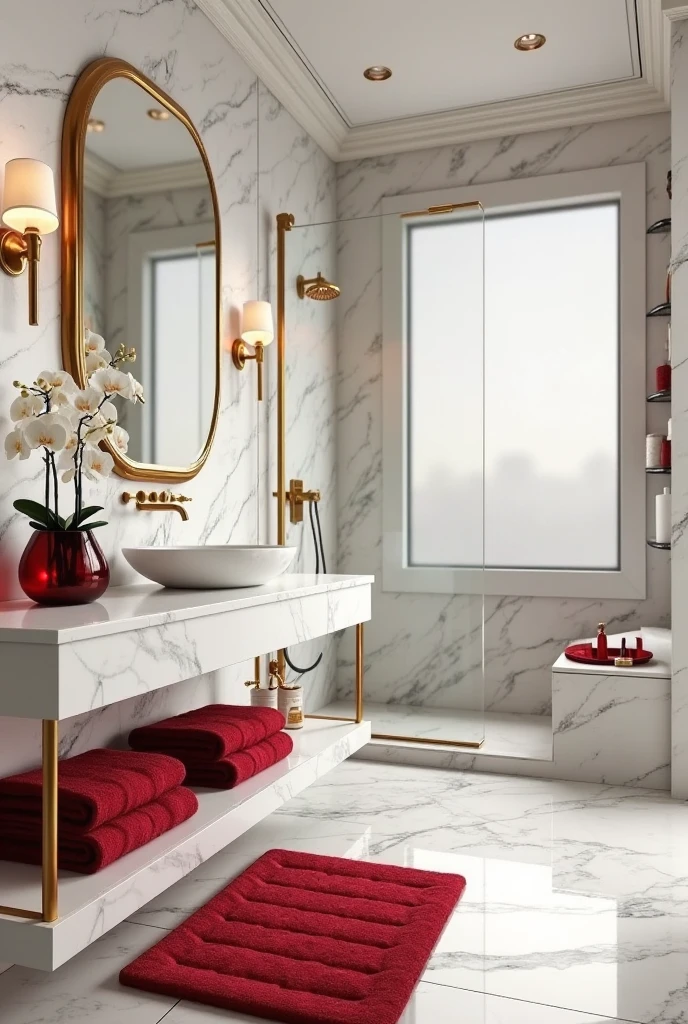luxurious bathroom with elegant red accents. The walls are clad in white marble with soft gray veining, extending across the floor and into a walk-in glass shower. Red is introduced through plush, folded towels neatly stacked on open gold-framed shelves and a deep red tufted bath mat placed in front of a floating white vanity. The vanity has a marble countertop and a gold-framed mirror above it, with gold fixtures including a sleek faucet and matching sconces mounted on either side of the mirror. A red-tinted glass vessel sits on the counter, holding fresh white orchids. Nearby, a small decorative tray holds gold-trimmed toiletries and a rolled red hand towel. The shower area features a built-in marble bench and a gold rainfall showerhead. Natural light flows in from a frosted window, highlighting the rich textures and subtle warmth of the red accents within the refined, high-end setting.