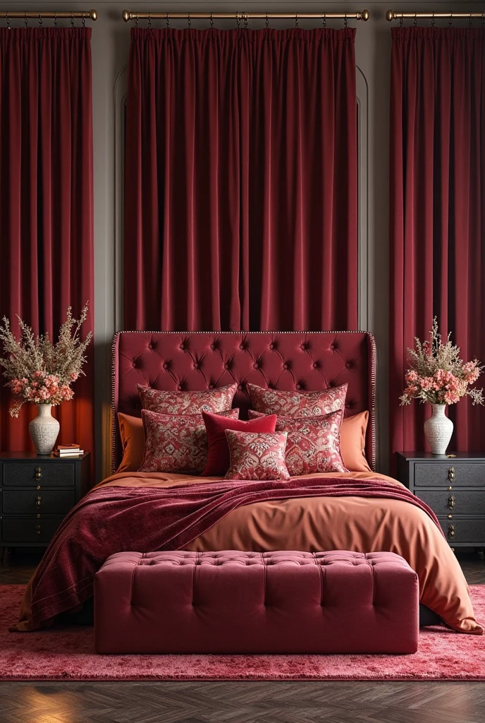 luxurious bedroom layered with rich red textiles. The centerpiece is a king-sized bed with a tall, quilted headboard upholstered in deep burgundy velvet. The bed is dressed in rust-toned sheets, a garnet red velvet throw blanket draped across the foot, and an assortment of patterned cushions in shades of burgundy, garnet, and rust with embroidered and jacquard textures. Heavy floor-length curtains in deep garnet frame a large window, pooling slightly on the dark hardwood floor. A plush burgundy area rug lies beneath the bed, adding warmth and softness. On either side of the bed are dark wood nightstands topped with brass reading lamps and small ceramic vases holding dried florals in warm tones. The walls are painted a soft taupe, allowing the rich reds to stand out. A tufted burgundy bench sits at the foot of the bed, completing the cocoon-like, layered, and elegant atmosphere of the space.
